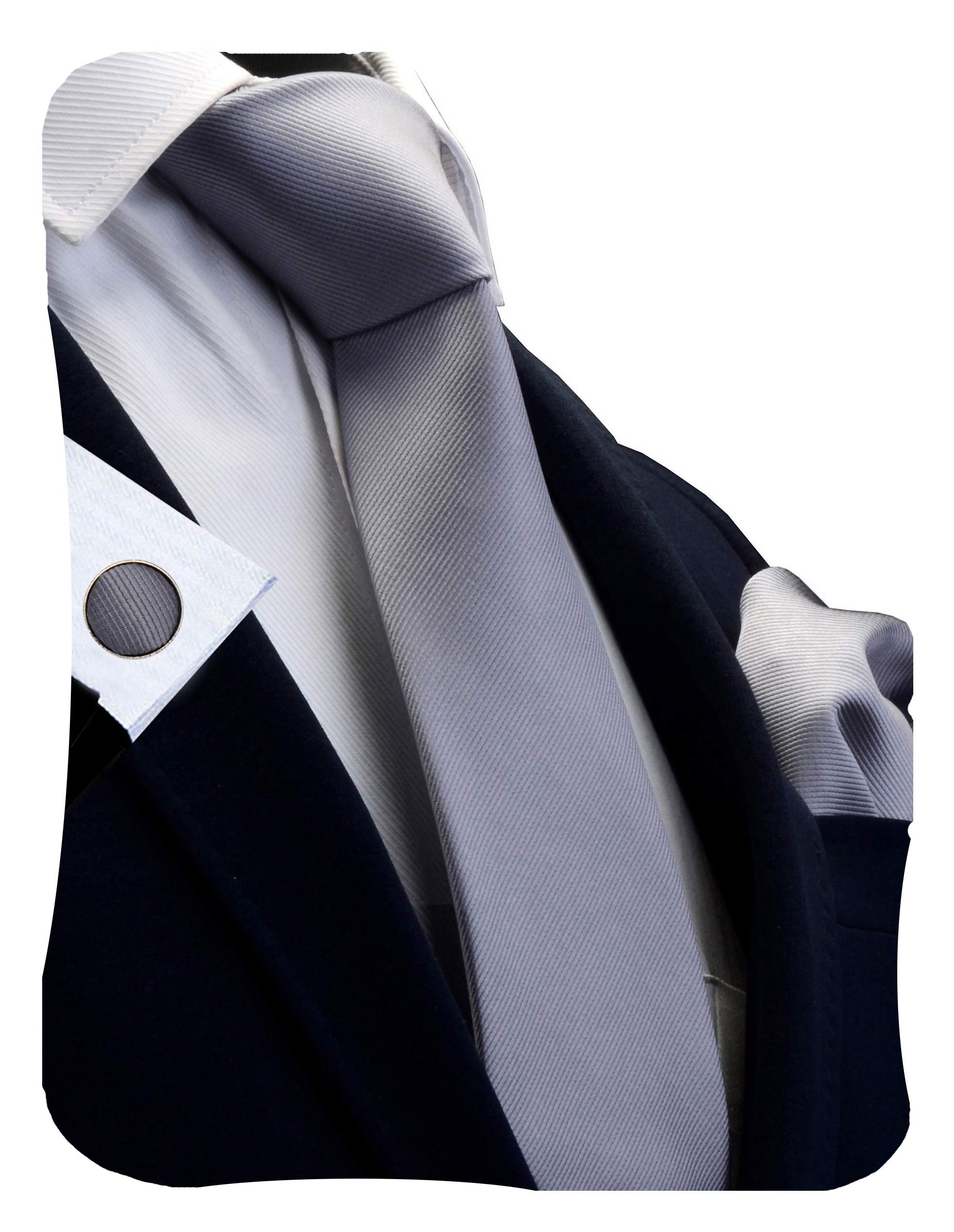 Gusleson Solid Gray Business Ties Neckties and Pocket Square Cufflinks Sets For Men (UK0789-05)