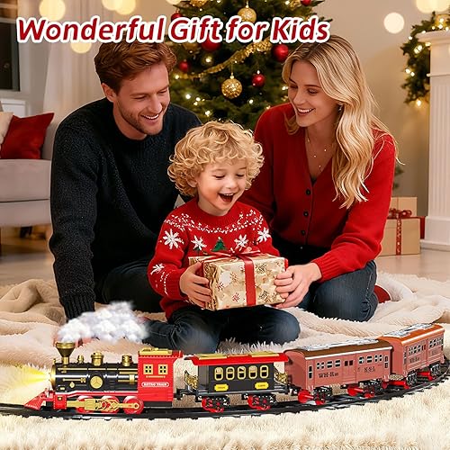 Miniatura 5 de Juego de tren eléctrico para niños, juguetes de tren de Navidad con humo, luz y sonido, pistas de tren de construcción de bricolaje debajo del árbol