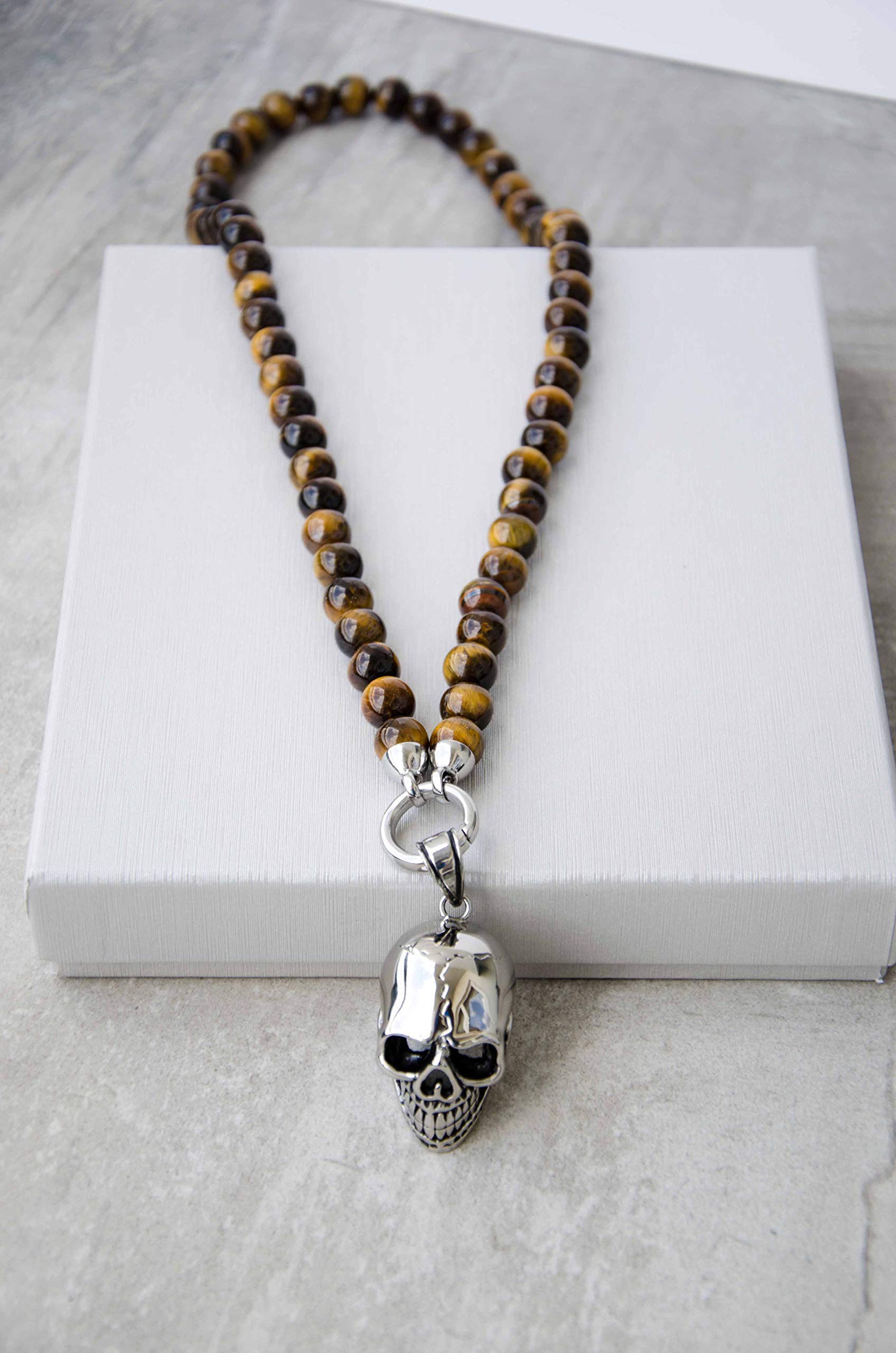 Halbedelstein Totenkopf Skull Halskette Rosenkranz Onyx, Herren Schmuck Männer schwarz Perlenkette Bikerschmuck Skull Edelstahl Gebetskette Geschenk Gothik Matt Lava Religion Handgemacht Handmade