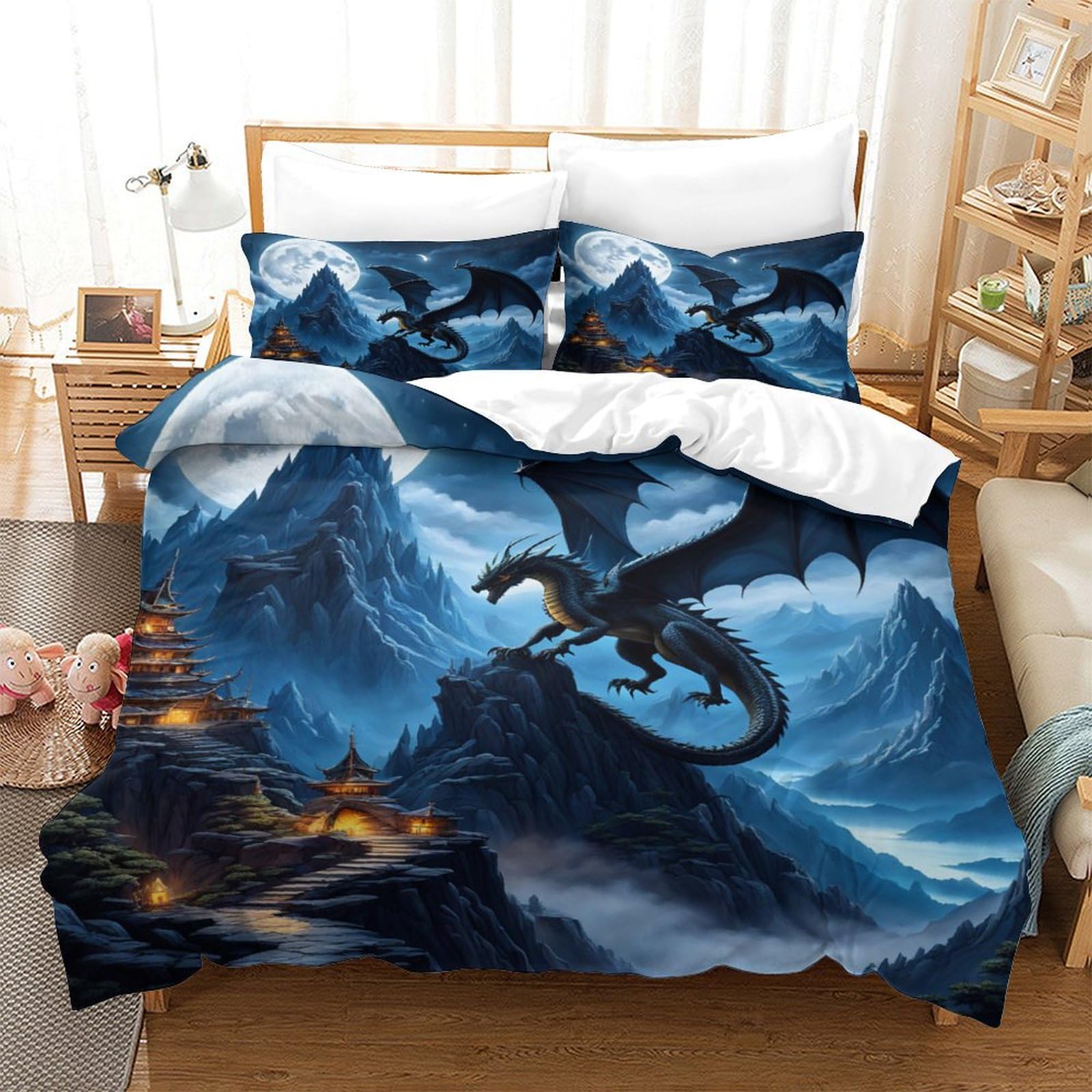 TNFHSOFT Flying Dragon Quilt Cover 3D Printed Soft Microfiber Duvet Cover Set with Zipper Closure 3 Piece Comforter Cover for Adults Kids Bedding Set with Pillowcase Single（140x200cm）