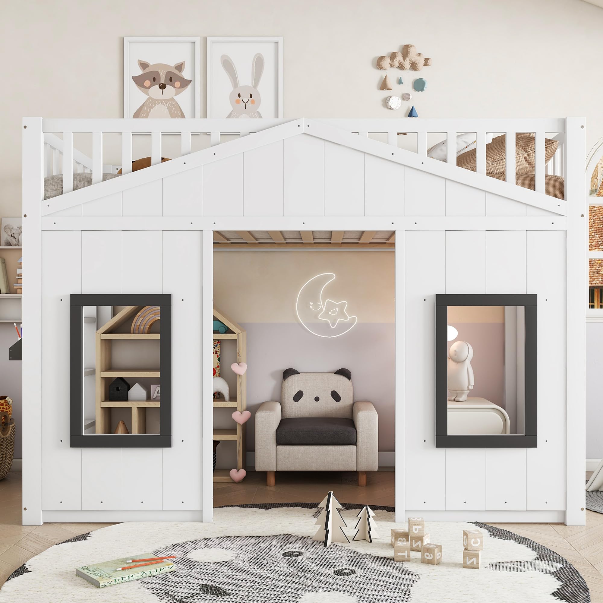 Kinderbett Etagenbett 90x200, Hausbett Hochbett mit Fenster & Regal, Bettgestell mit Rausfallschutz und Lattenrost, Funktionsbett Stockbett Spielbett Jugendhochbett, Kiefernholz, Ohne Matratze, Weiß