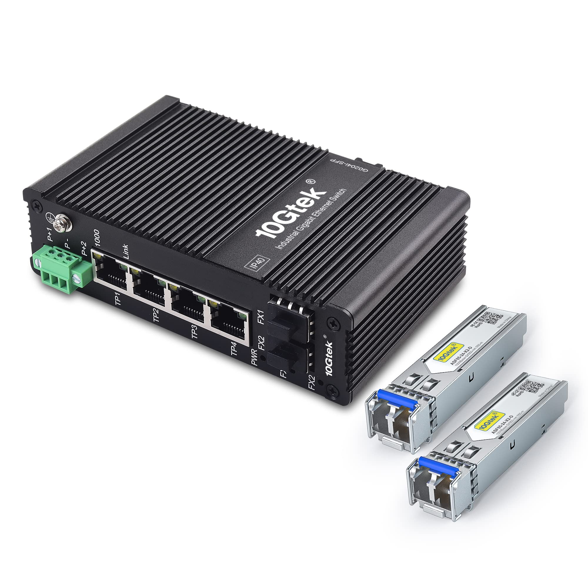 10Gtek 6-Port Industrial DIN-Rail Ethernet Switch Hutschiene, IP40, 2X Gigabit SFP Slot mit 20-km SFP Transceiver, G0204i, DIN-Rail Mount（Power Supply is Not Included）