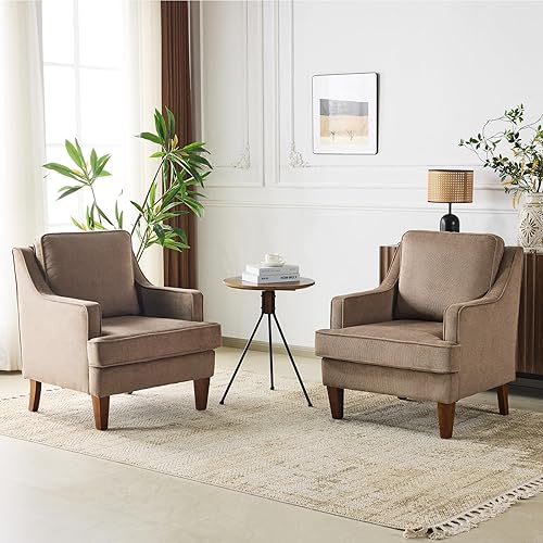 VINGLI Juego de 2 sillas decorativas modernas de mediados de siglo, sillón tapizado marrón claro, cómodos sillones de lectura, respaldo alto para