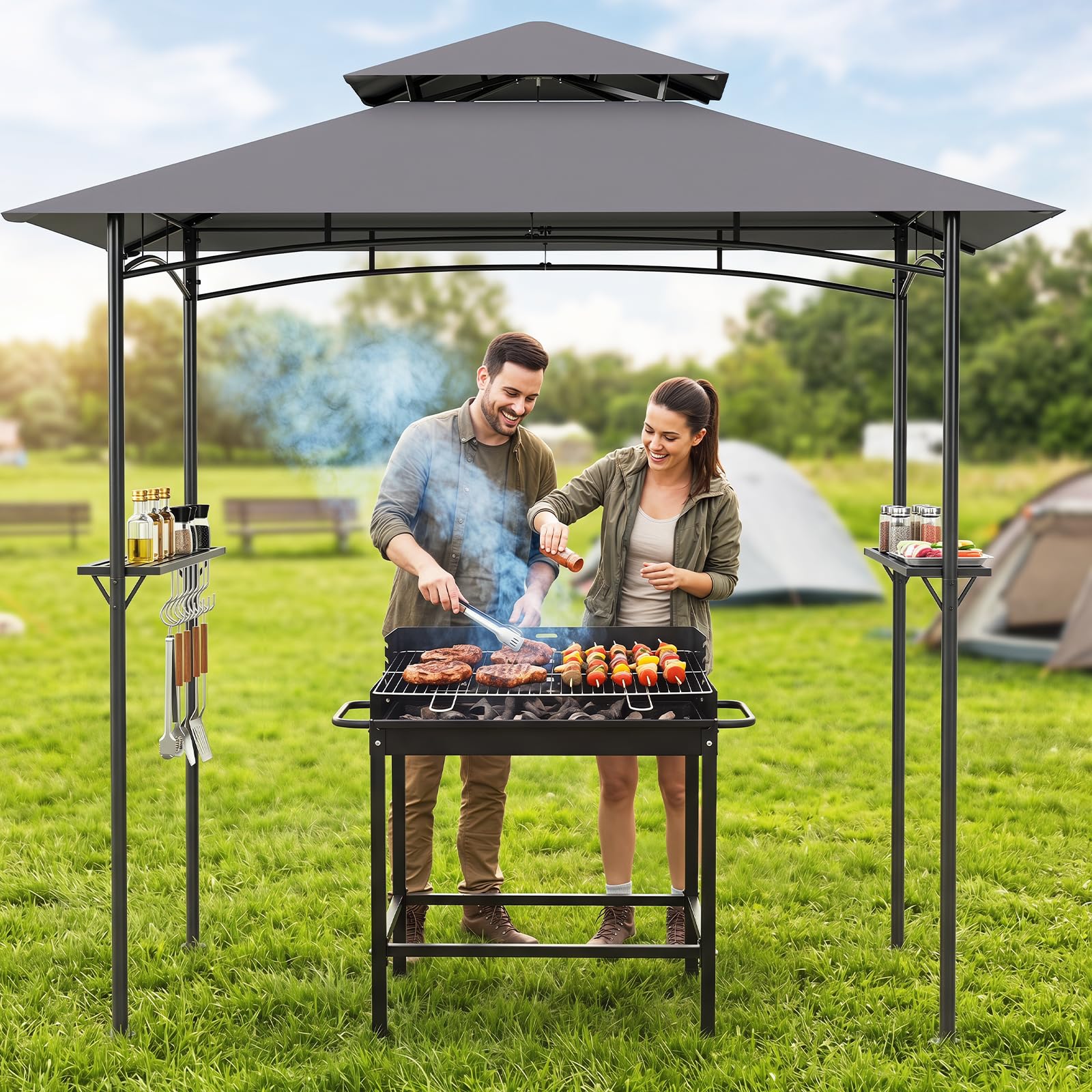 COSTWAY Gazebo Esterno Resistente con Tettoia a Due Livelli, Gazebo per Barbecue con 2 Tavoli da Bar in Metallo e 8 Ganci Laterali, Pergolato da Giardino per BBQ, Feste e Picnic, 245 x 151 x 192 cm