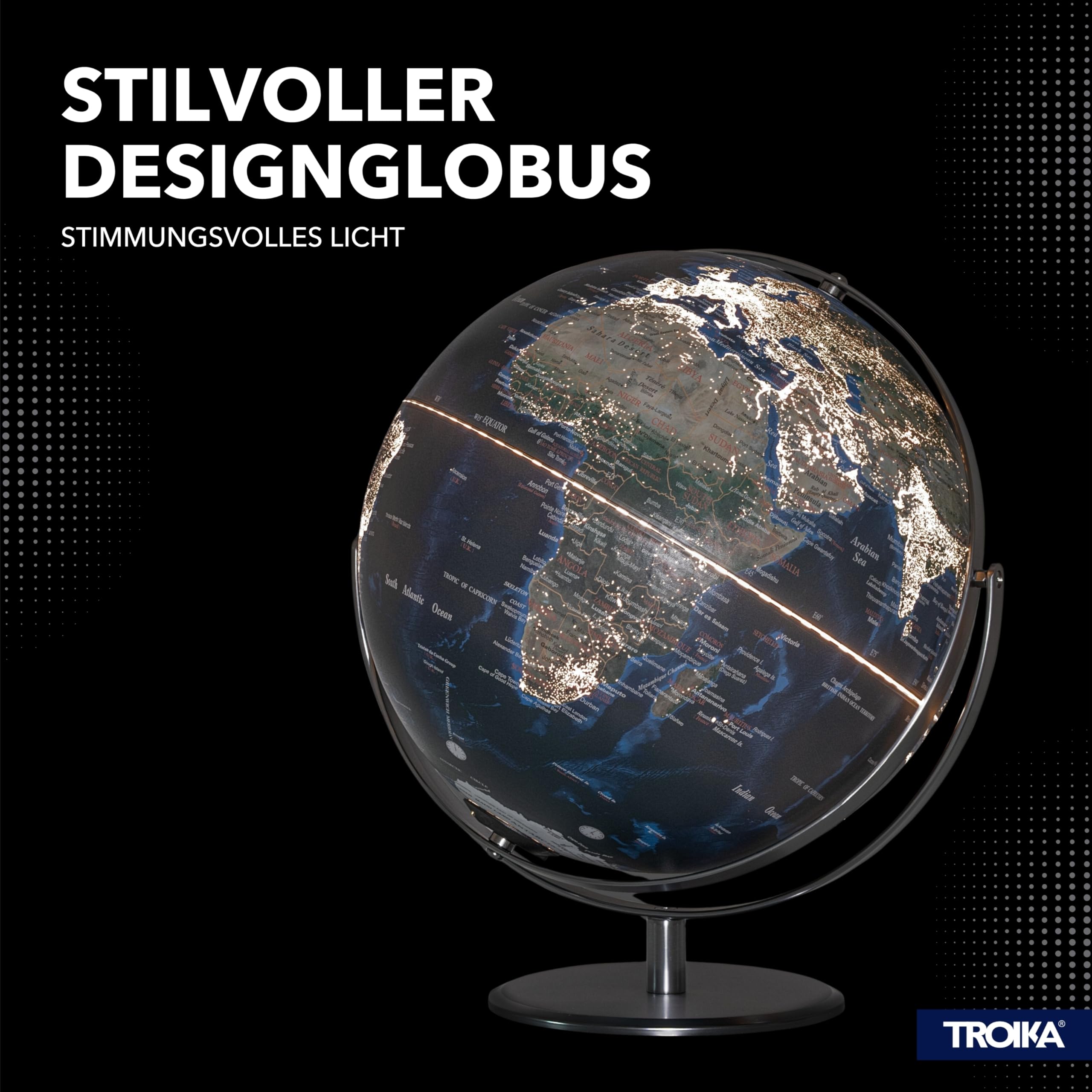 TROIKA Globo terráqueo iluminado con City Lights 30 cm JURI CITY LIGHT FLEX sobre base de metal cromado con dos ejes móviles y módulo de lámpara recargable Sompex de plástico y metal en azul, verde