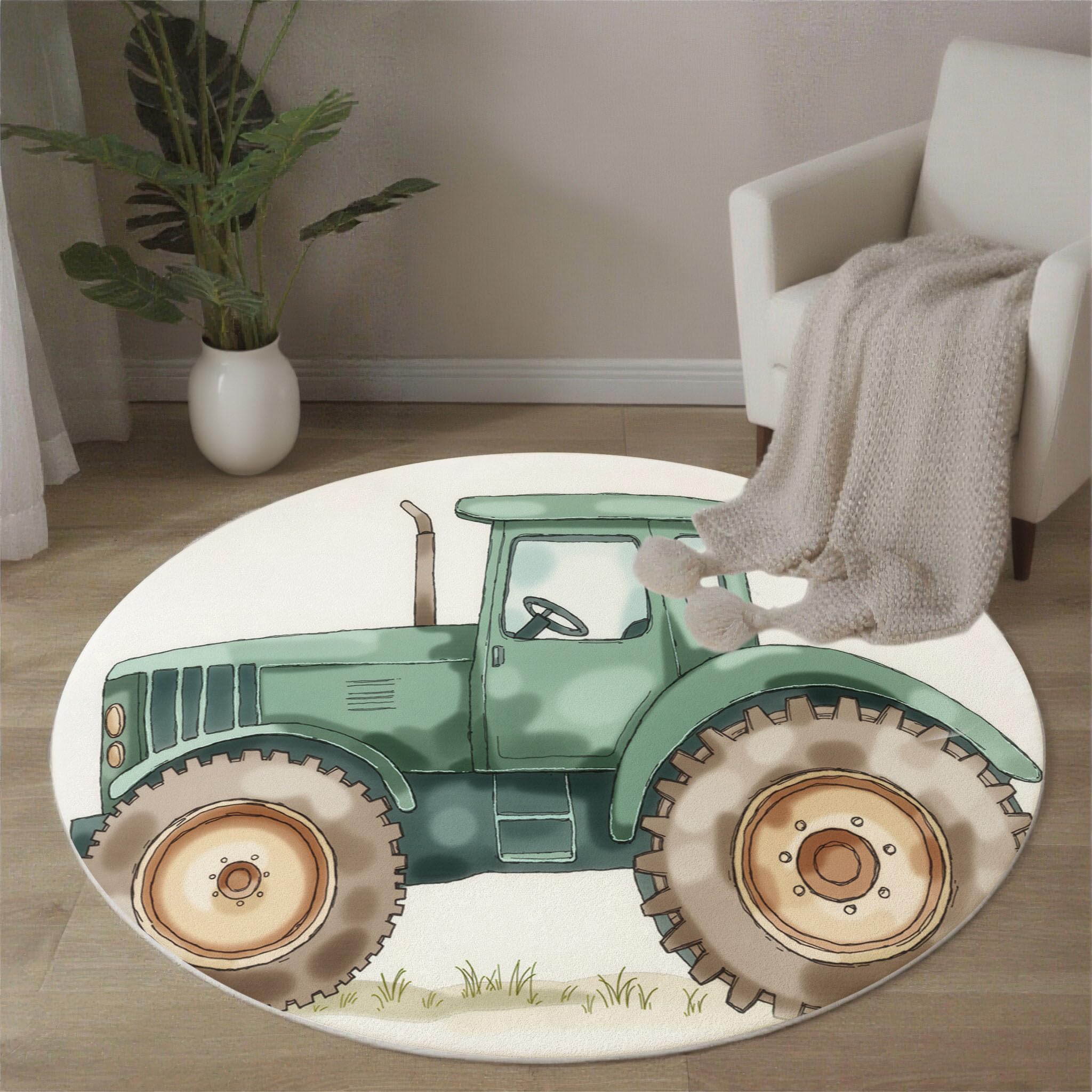 Waschbarer Teppich Rund Grün 100cm,Cartoon Traktor Teppiche Schlafzimmer - Kurzflor Aquarell Pastoral Runder Teppich Mit Rutschfester Unterseite Für Wohnzimmer Küche Kinderzimmer