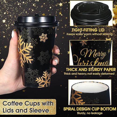 Miniatura 3 de Uiifan Paquete de 50 tazas de café de Navidad de 16 onzas, vasos desechables de copos de nieve negros y dorados, vasos de papel de Feliz Navidad con