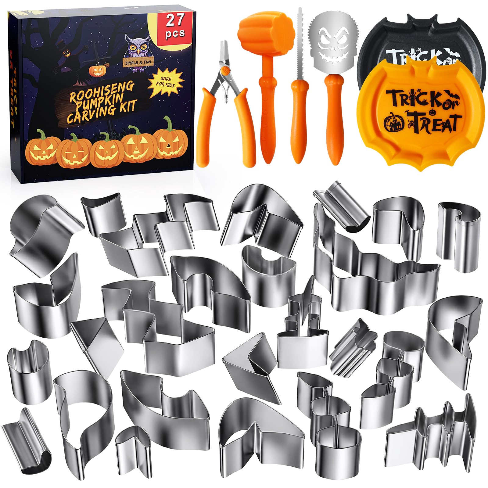Pumpkin Carving Kit Tools, Halloween Cookie Cutters Set Stainless Steel, Safe Pumpkin Carving Stencils DIY Halloween Decoration Jack O Lanterns (27)