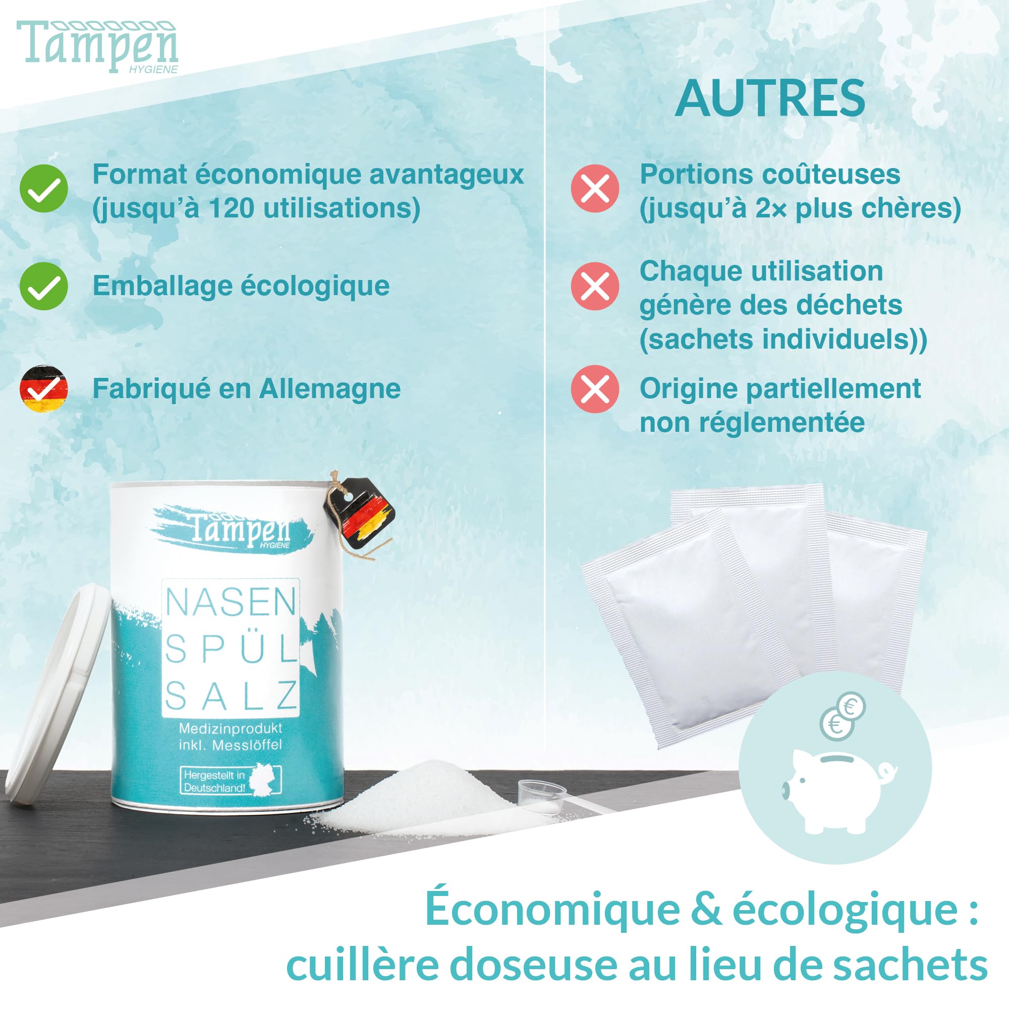 Tampen Douche nasale avec 120x Sel de rinçage nasal (300g) et 1 cuillère à mesurer · Lavage nez pour Adultes et Enfants premium