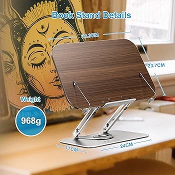 HARRYFIT Book Stand For Reading, 360° Rotate & Multi Heights Adjustable Book Holder,Foldable Cookbook Book Stands With Elastic Page Clips For Sheet Music, Recipe, Laptop, Textbook (Light Wood