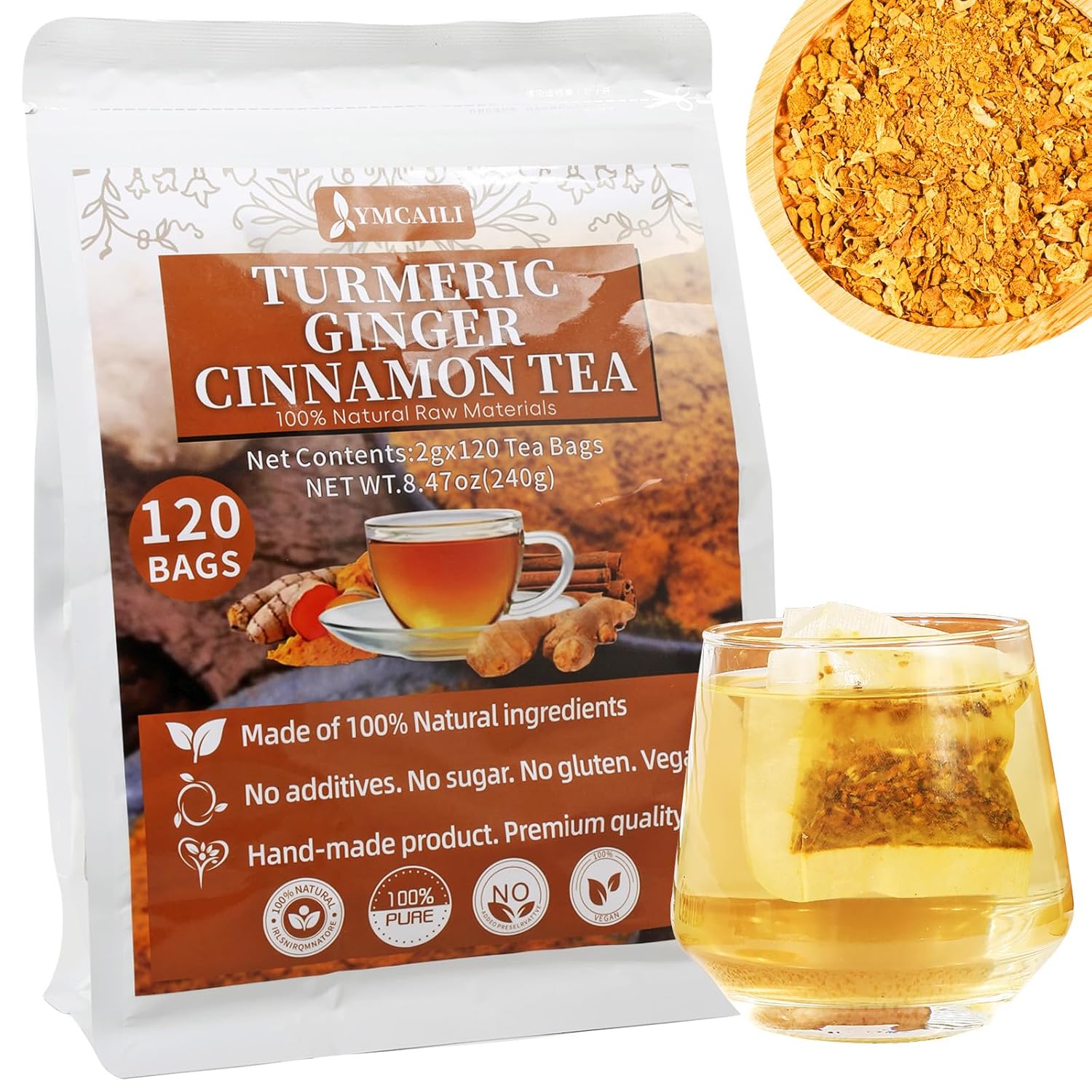 60 Premium Turmeric Ginger Cinnamon Tea Bags, 100% Natural Herbal Blend, Supports Digestion & Immune Health, No Sugar, No Caffeine, No Additives, Vegan, Premium Ingredients 60 Premium Turmeric Ginger Cinnamon Tea Bags, 100% Natural Herbal Blend, Supports Digestion & Immune Health, No Sugar, No Caffeine, No Additives, Vegan, Premium Ingredients