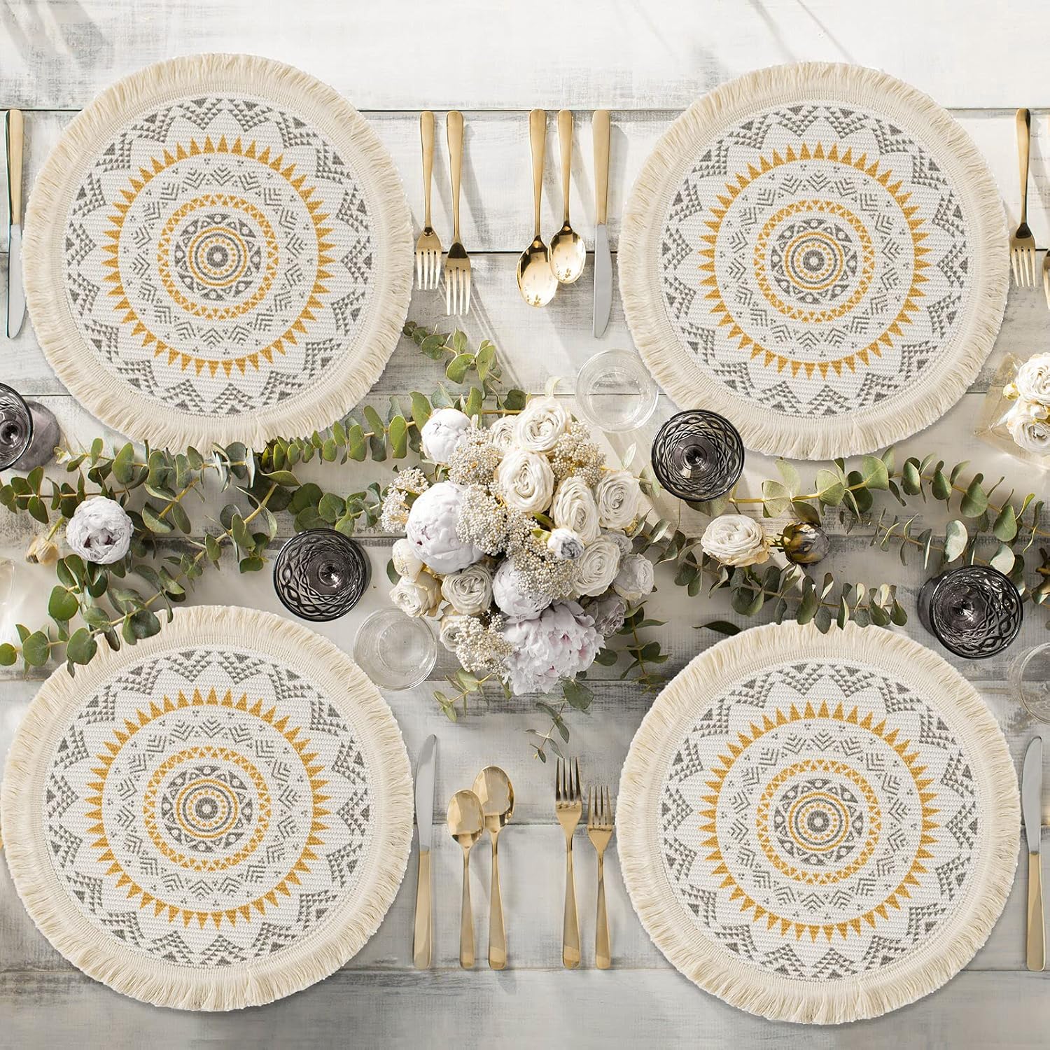 OJIA Round Placemats Set of 4,Boho Macrame Woven Table Mats,13 Inch Small Yellow Brown and Cream Cotton Non-Slip Circle Heat Resistant Kitchen Placemats for Dining Table Dinner Farmhouse Decor