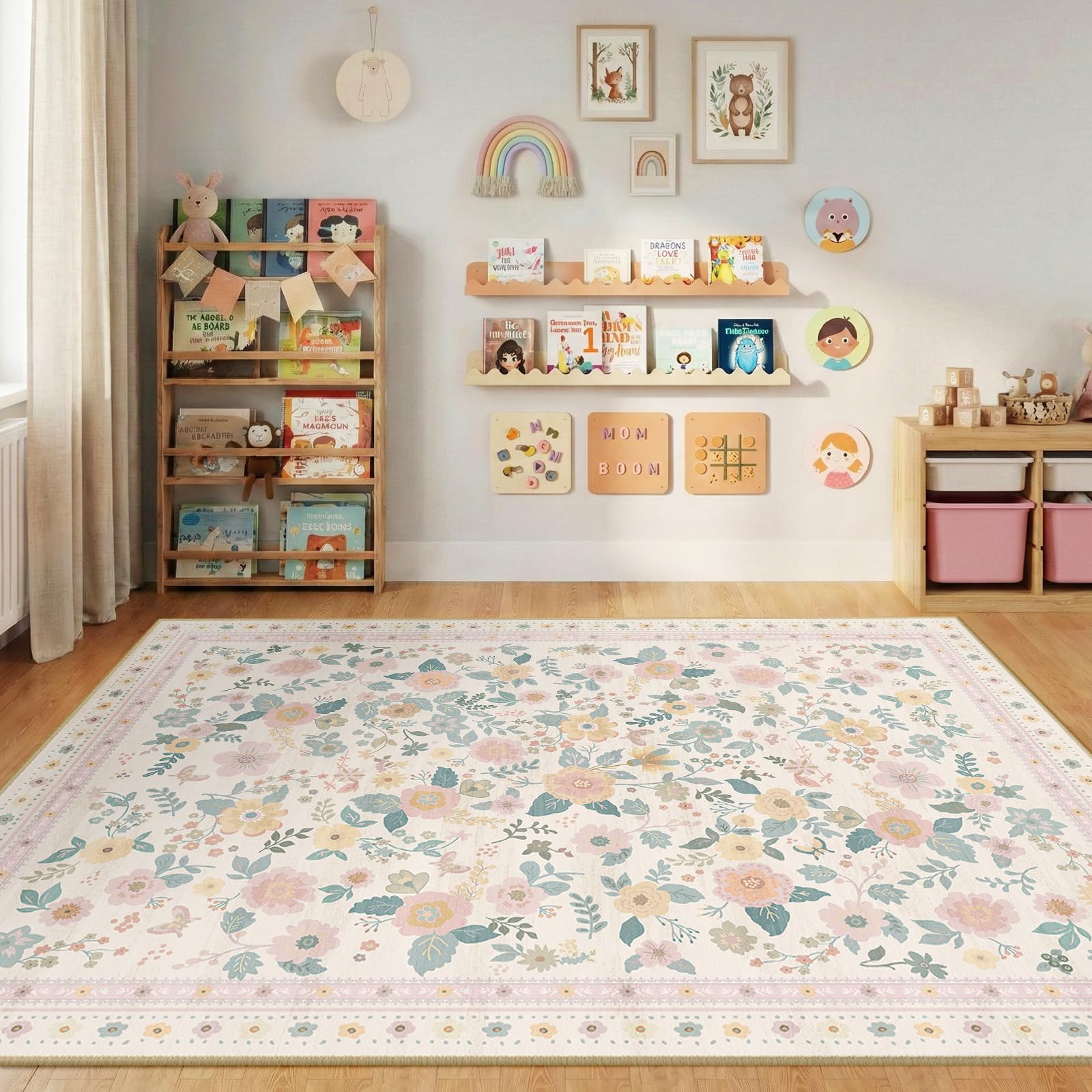 INOVADAY Machine Washable Rug 150x210 cm Non-Slip Low Pile Floral Print Area Rug for Living Room Bedroom Dining Room Bedside Kitchen Lounge Light Beige