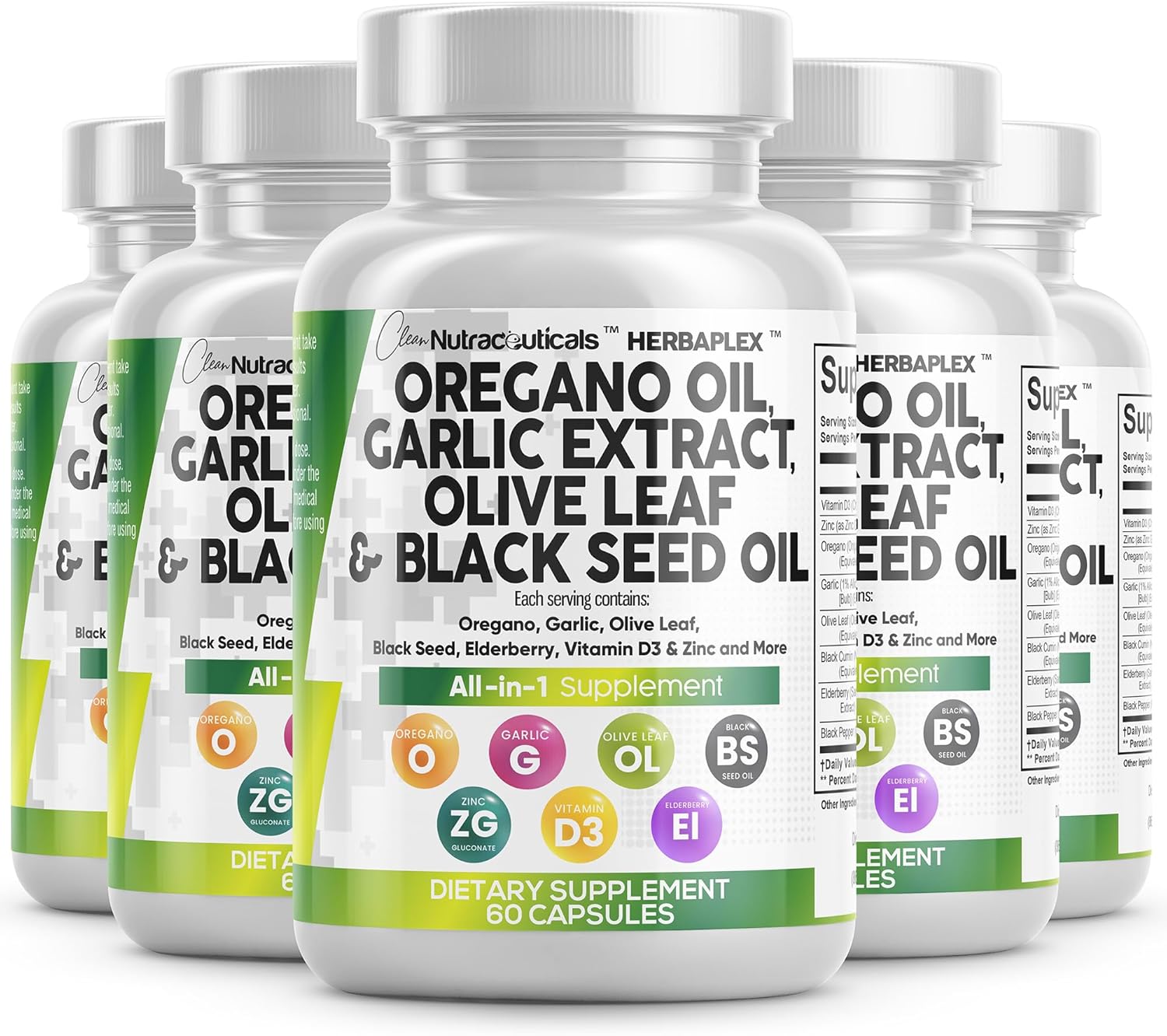 Clean Nutraceuticals Oregano Oil Garlic Extract Olive Leaf Black Seed Oil- Immune Support & Digestive Health Supplement for Women and Men with Vitamin D3 & Zinc - 5Pack