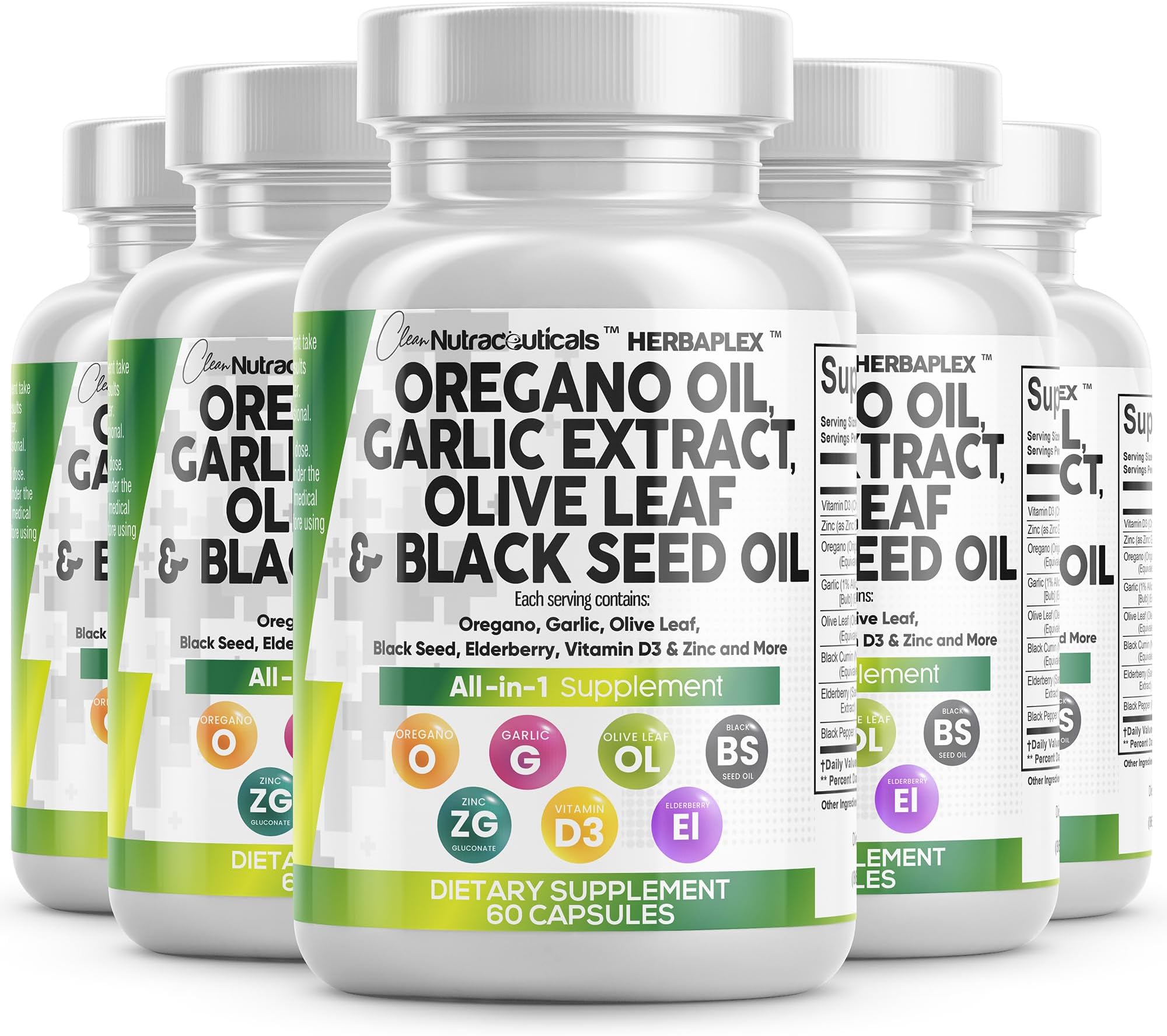 Clean Nutraceuticals Oregano Oil Garlic Extract Olive Leaf Black Seed Oil- Immune Support & Digestive Health Supplement for Women and Men with Vitamin D3 & Zinc - 5Pack