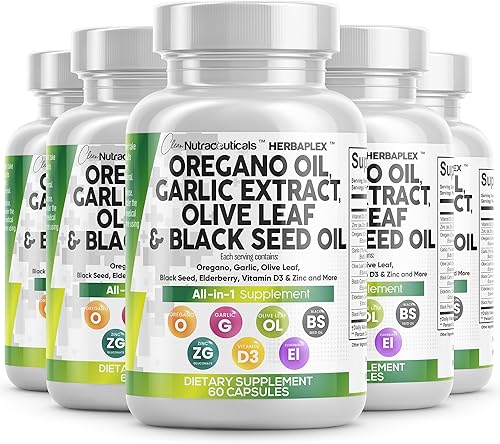 Clean Nutraceuticals Aceite de orégano Extracto de ajo, aceite de semilla negra de hoja de olivo, suplemento de apoyo inmunológico y salud digestiva