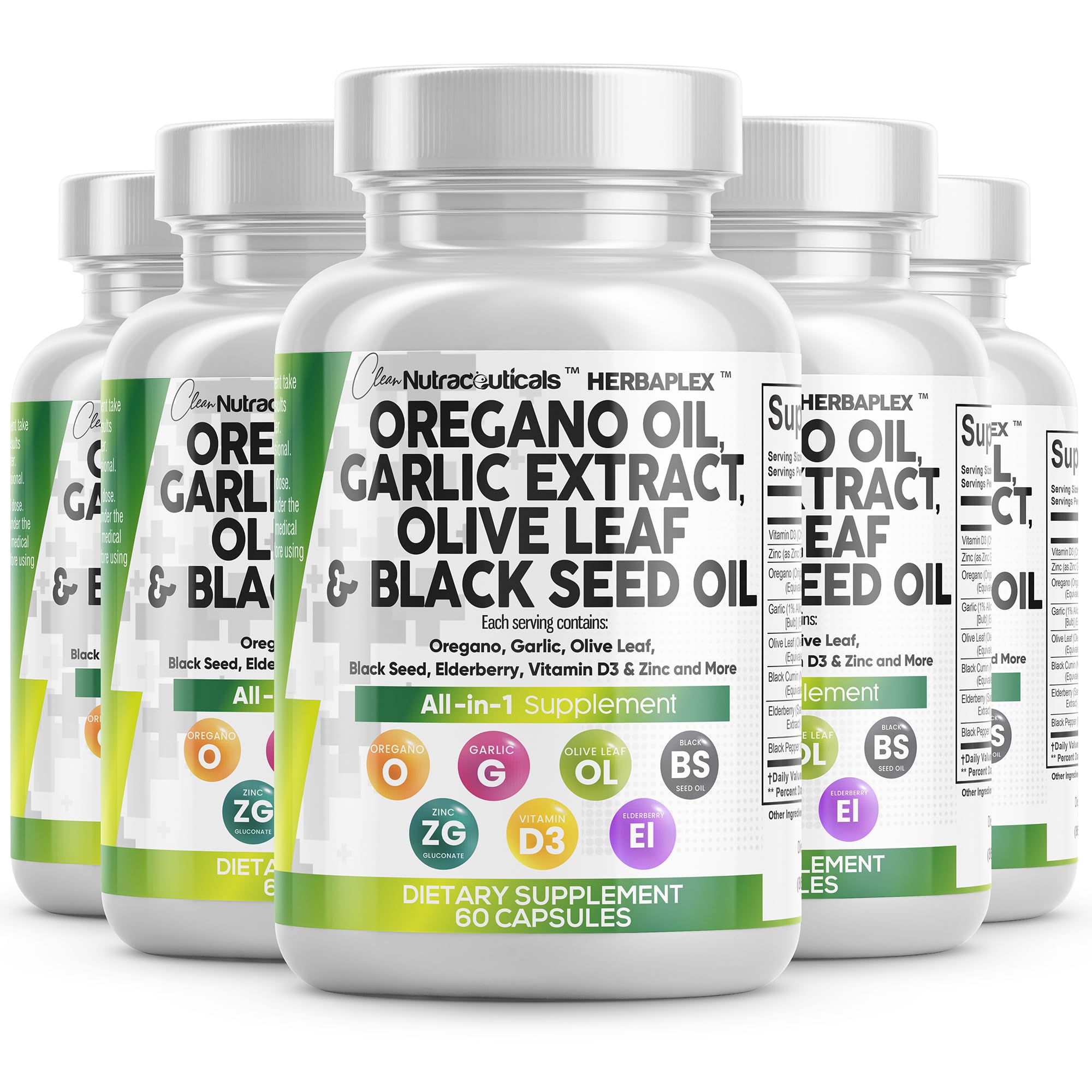 Clean NutraceuticalsOregano Oil Garlic Extract Olive Leaf Black Seed Oil- Immune Support & Digestive Health Supplement for Women and Men with Vitamin D3 & Zinc - 5Pack