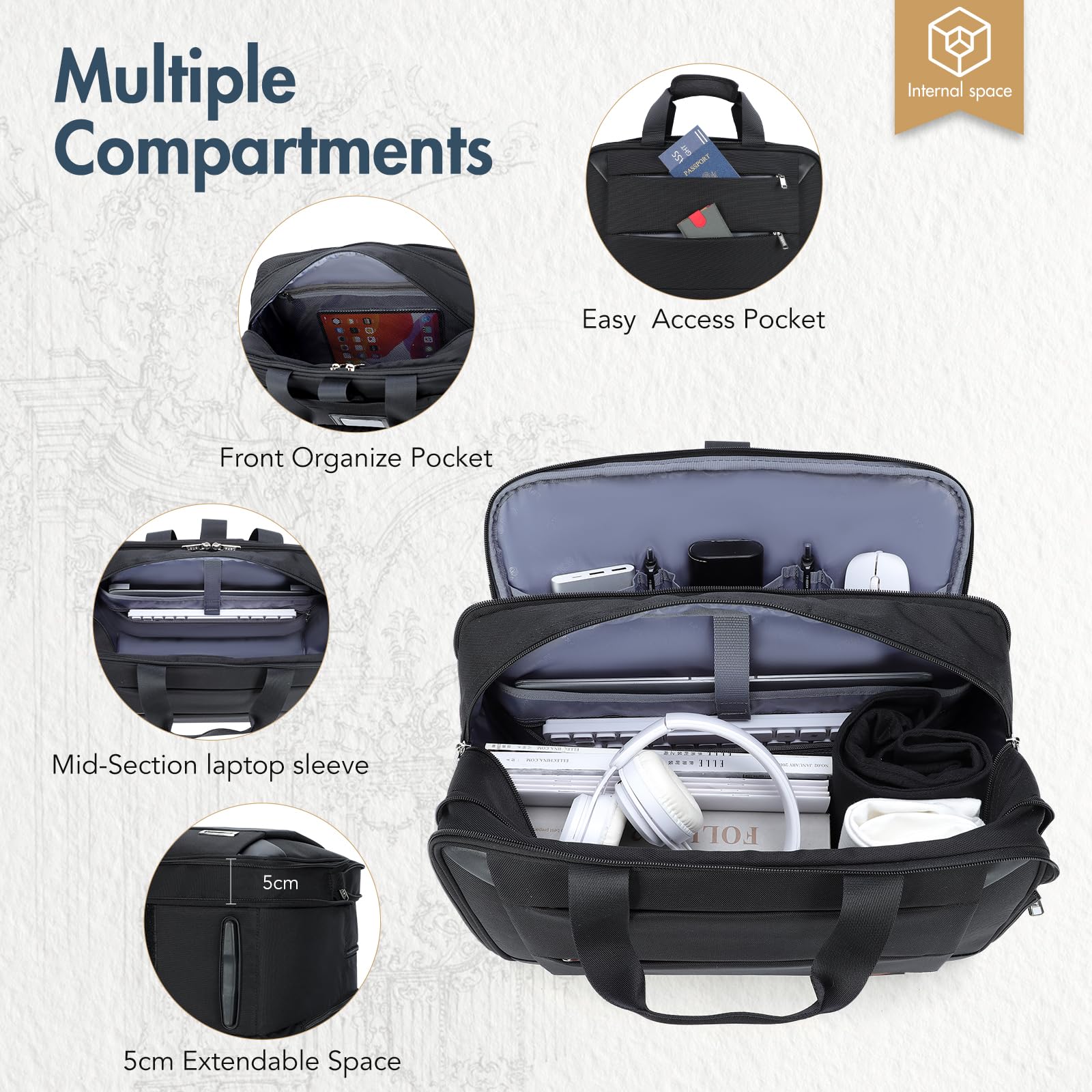 Maletín con Ruedas, Bolsa de Negocios con Cerradura TSA, Compartimento para Portátil, Bolso de Viaje Impermeable, Negro