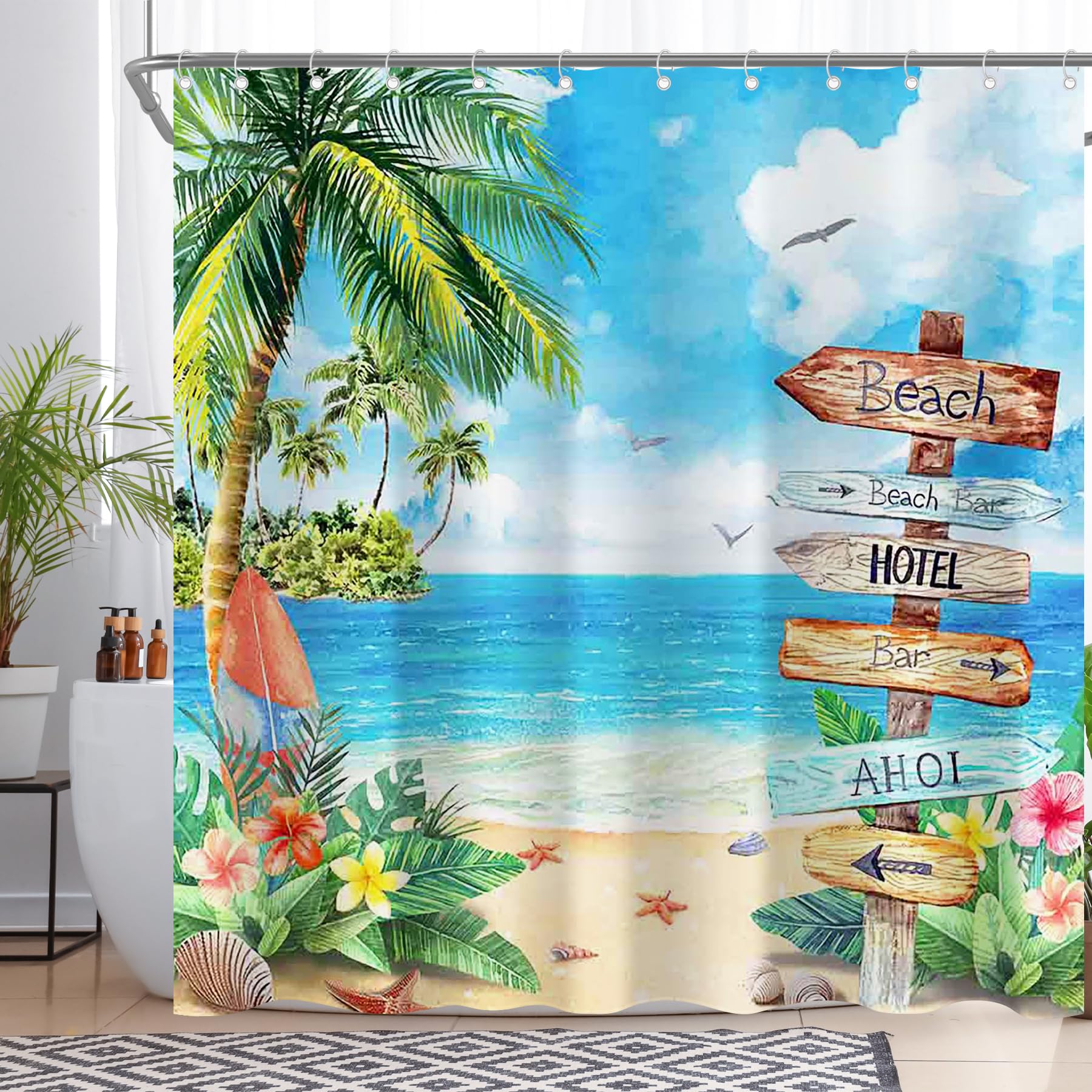 YCUCUEI Hawaiian Beach Curtain for Bathroom Aloha Luau Summer Tropica Palm Trees Seaside Signage Home Decorations Sets with 12 Hooks Waterproof Polyester 72