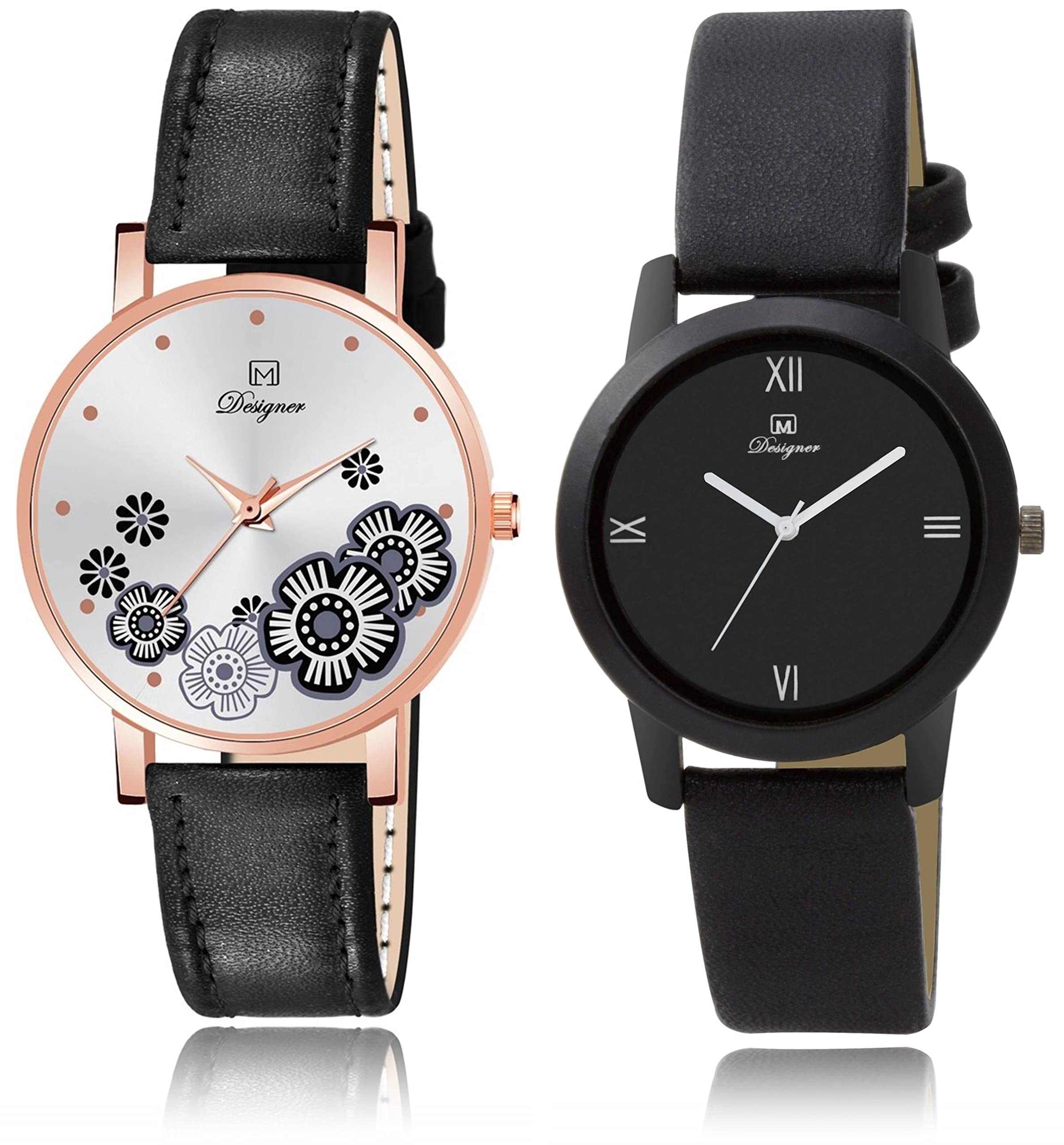 Bollywood Designer Glamorous Women and Girls Quartz Analog Watch with Leather Strap, Flower Print, and Round Dial Pack of 2 (Black-Black) (B0BYDWKFM3) Amazon Price History, Amazon Price Tracker