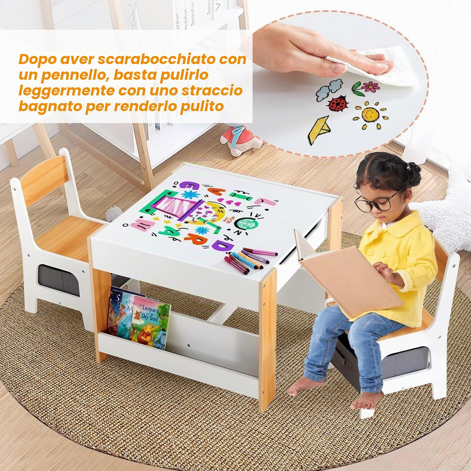Asweets Tavolino Legno Bambini con 2 Sedie, Set di Tavolo Multiattivita Bambini con Lavagna e Vano Portaoggetti e Scaffalature, Tavolo Interattivo da Disegno, Costruzioni, Studio per Bimbi 3-6 Enni