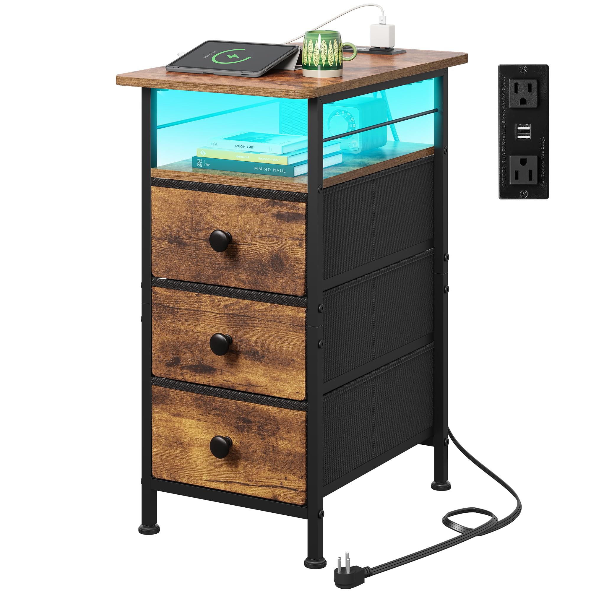 WLIVE Night Stand with Charging Station, End Table with 3 Fabric Drawers
