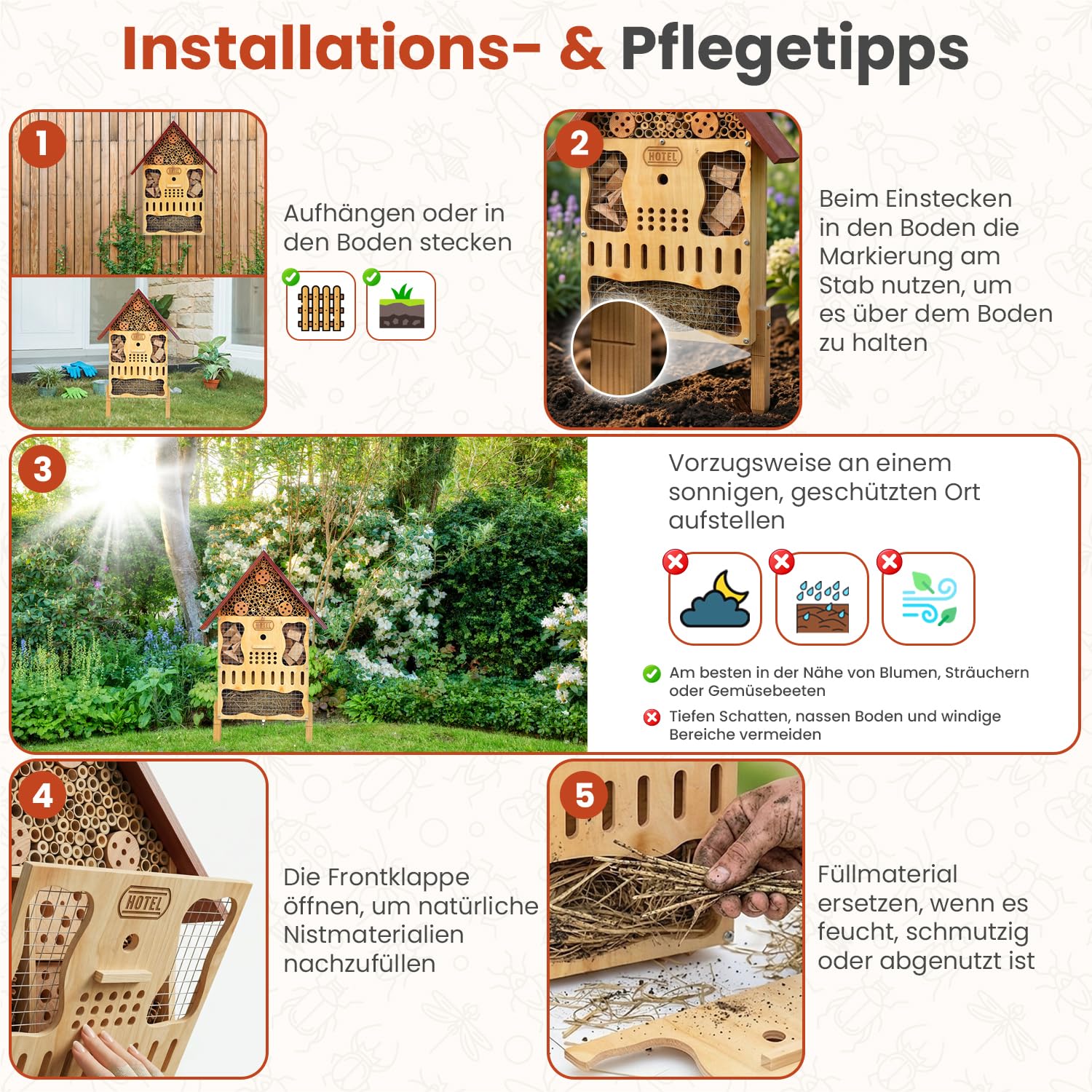 Insektenhotel Groß Wetterfest XXL aus Holz – Bienenhotel Groß XXL, Insektenhotel Mit Erdspieß, zum Aufhängen oder Stellen, Wildbienenhotel & Hummelhaus Bereich mit abnehmbarer Frontplatte & Standfüßen