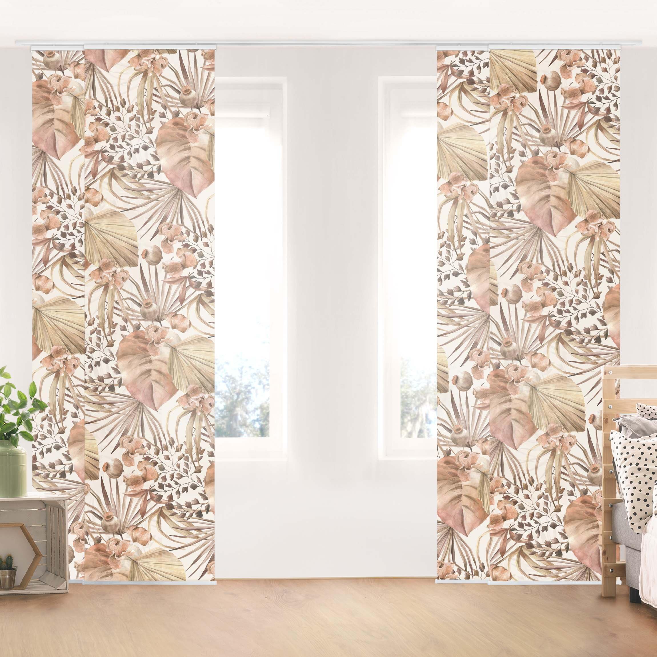 Schiebegardine halbtransparent 60er Paneel Klett Muster Textil lichtdurchlässig - Pflanzen Aquarell Flächenvorhang braun Wohnzimmer Schlafzimmer 2263 (240x250 cm - 4er Set)