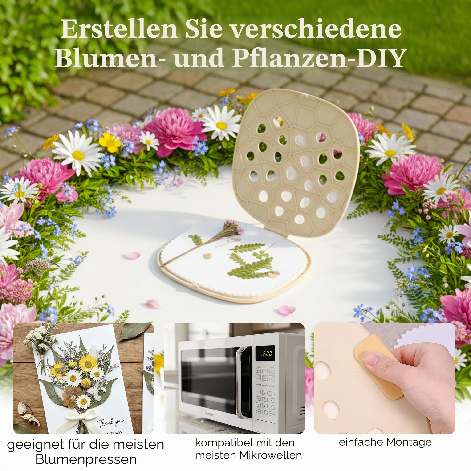 Aboofx Mikrowellen Blumenpresse(22,9x22,9 cm), Schnellste Trocknung in Minuten, Großes Blumenpress Set für Blumen,Kräuter&Blätter, Wiederverwendbar Filzmatten, DIY Basteln, Herbarium, Resin Art