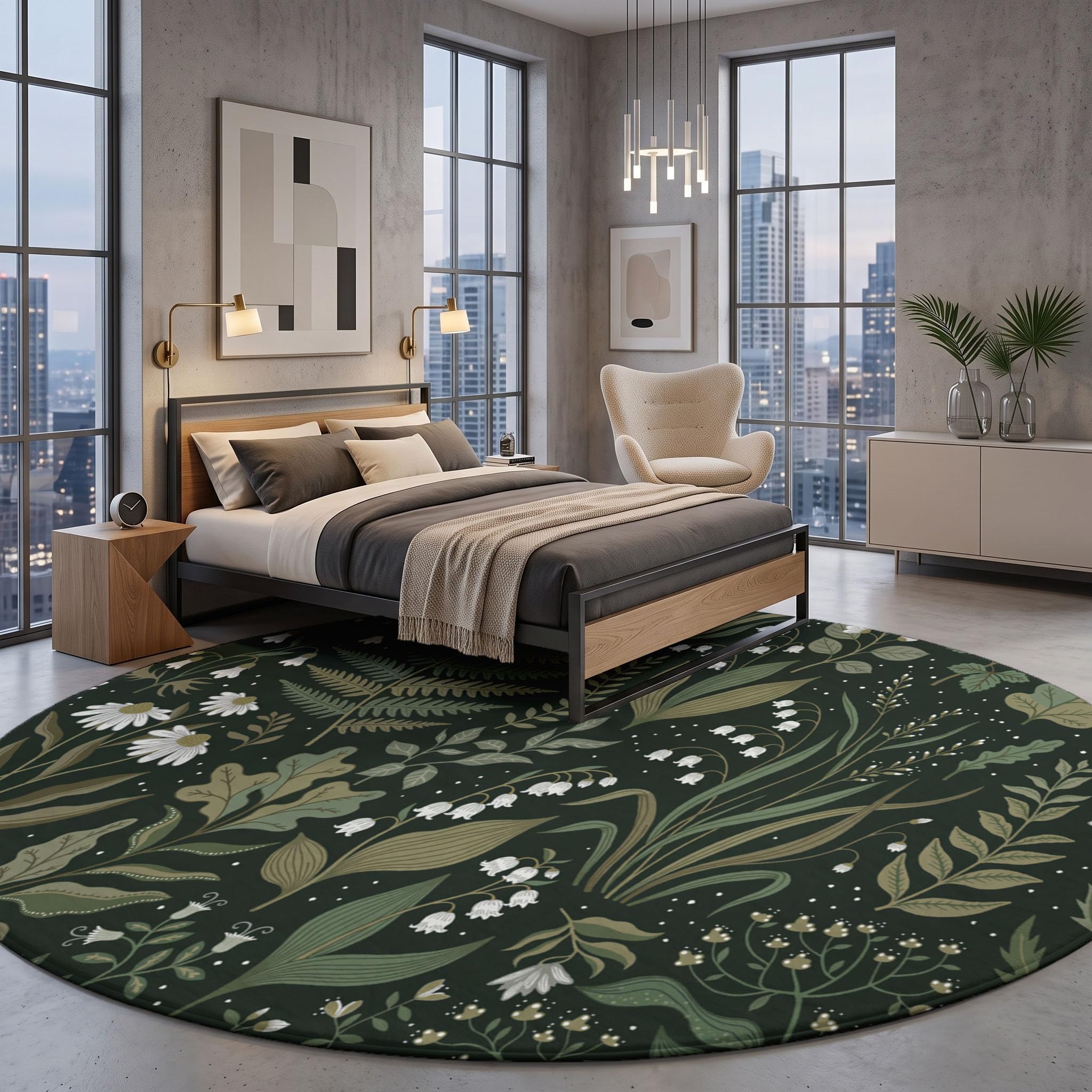 Tappeto Salotto Rotondo Grande Pelo Corto, Piante E Fiori Retrò Grandi Antiscivolo Tondo Moquette,Felci Margherite Bambini Camera,Domestica Decor Tappeti (Ø 120 cm,Verde Scuro)