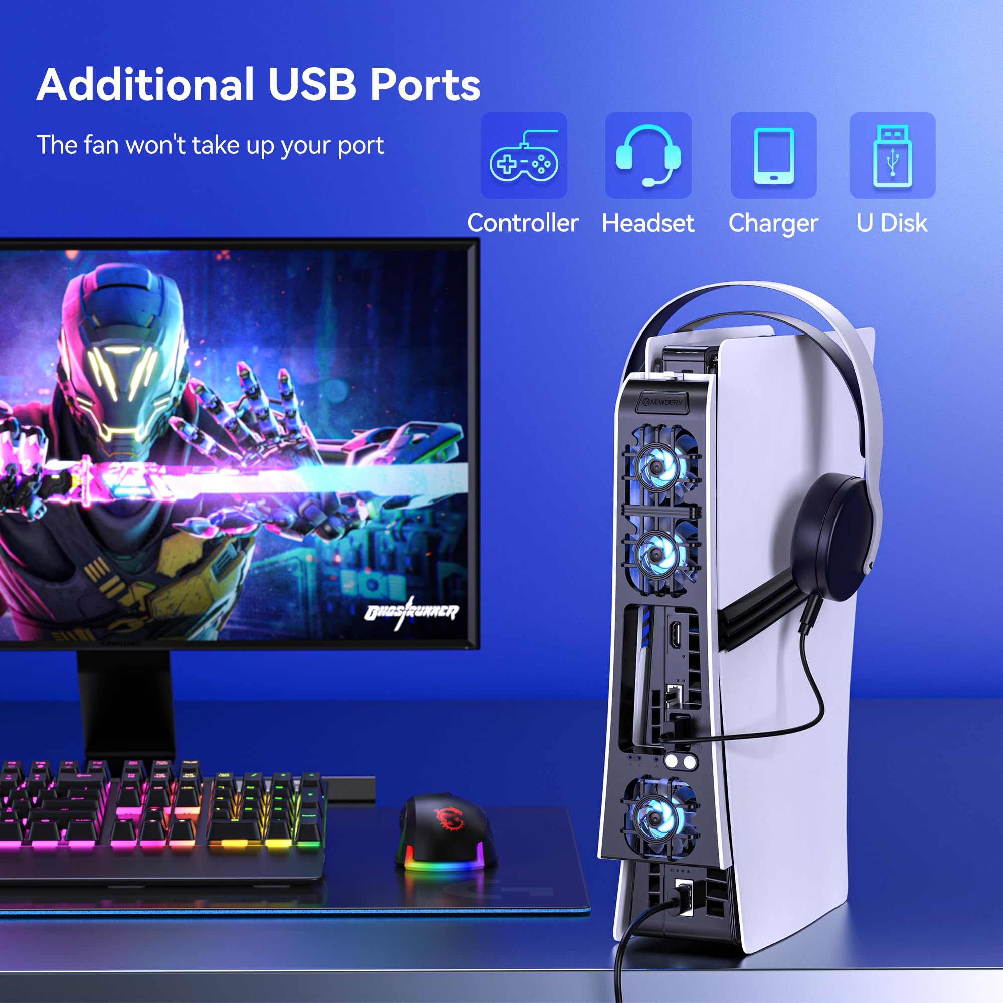 NEWDERY Wentylator do konsoli PS5 Pro, cichy, automatyczna prędkość obrotów, regulacja temperatury, dynamiczne oświetlenie RGB, port USB 3.0, kompatybilny z PlayStation 5 Pro Disc & Digita