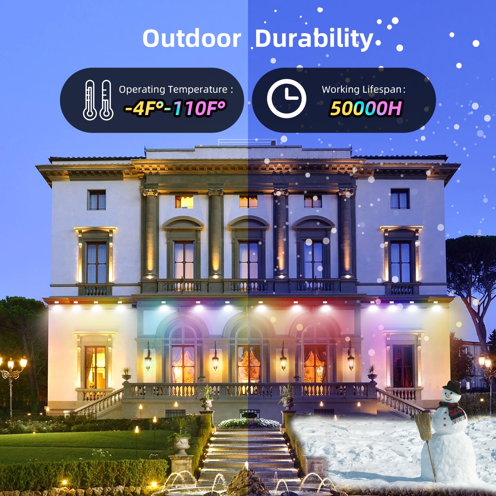 Luci permanenti per esterni, 15,2 m, Smart RGB, 36 luci a LED con 54 modalità scena, impermeabile IP67, per Halloween, Natale, Capodanno, vacanze, illuminazione quotidiana, telecomando vocale APP