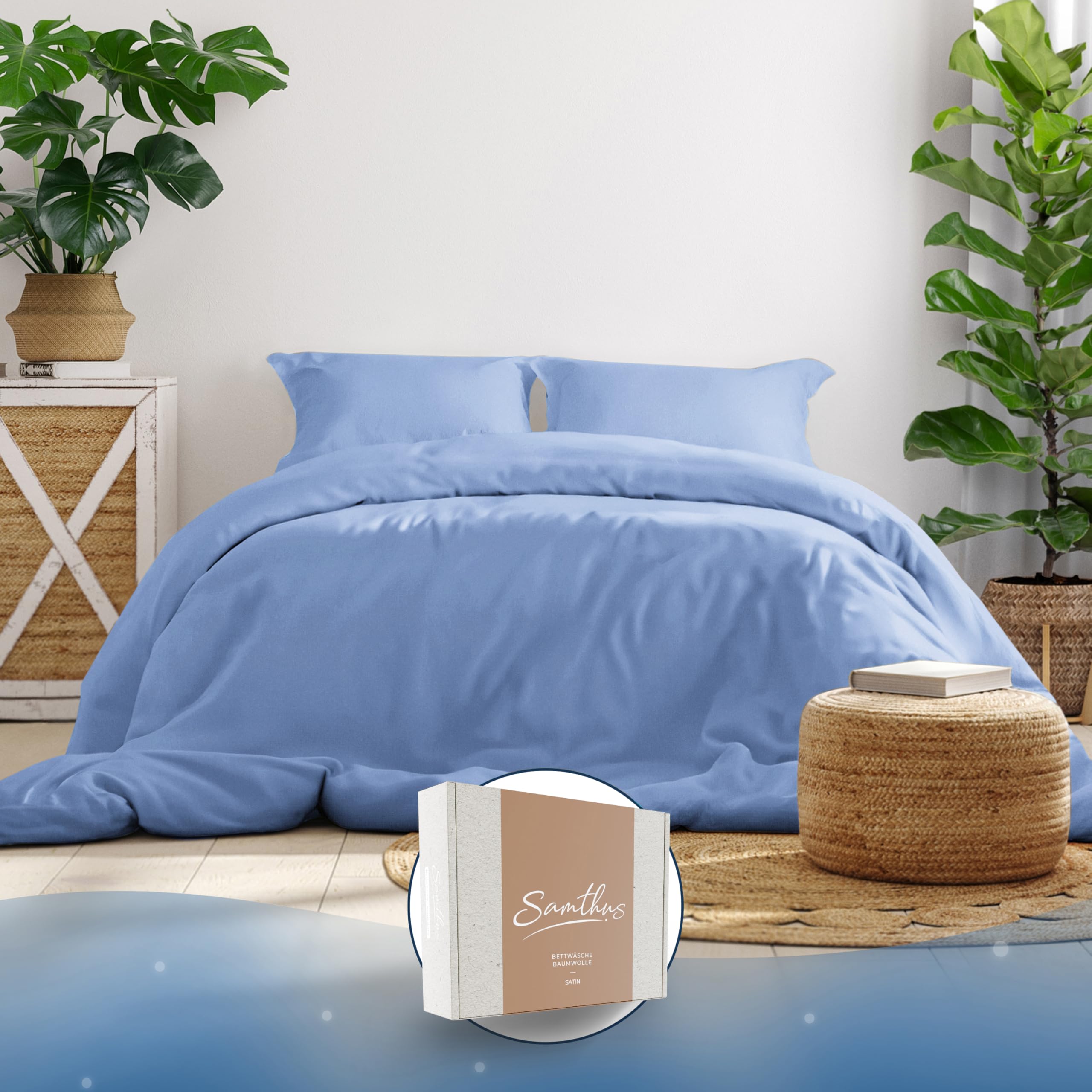 Samthus Bettwäsche 140x200 Baumwolle Satin - Oeko-Tex Made In Green - Himmlisch weicher Schlaf - Bettwäsche-Set mit 1x Bettbezug 140x200 + 1x Kissenbezug 70x90 - Duvet Cover - Hellblau