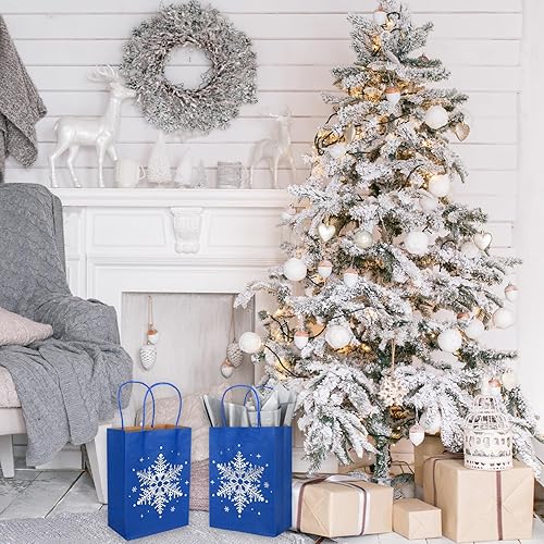 Miniatura 7 de Whaline 24 bolsas de papel kraft de Navidad con 30 hojas de papel de seda plateado, bolsas de regalo de copo de nieve azul plateado con asas, bolsas