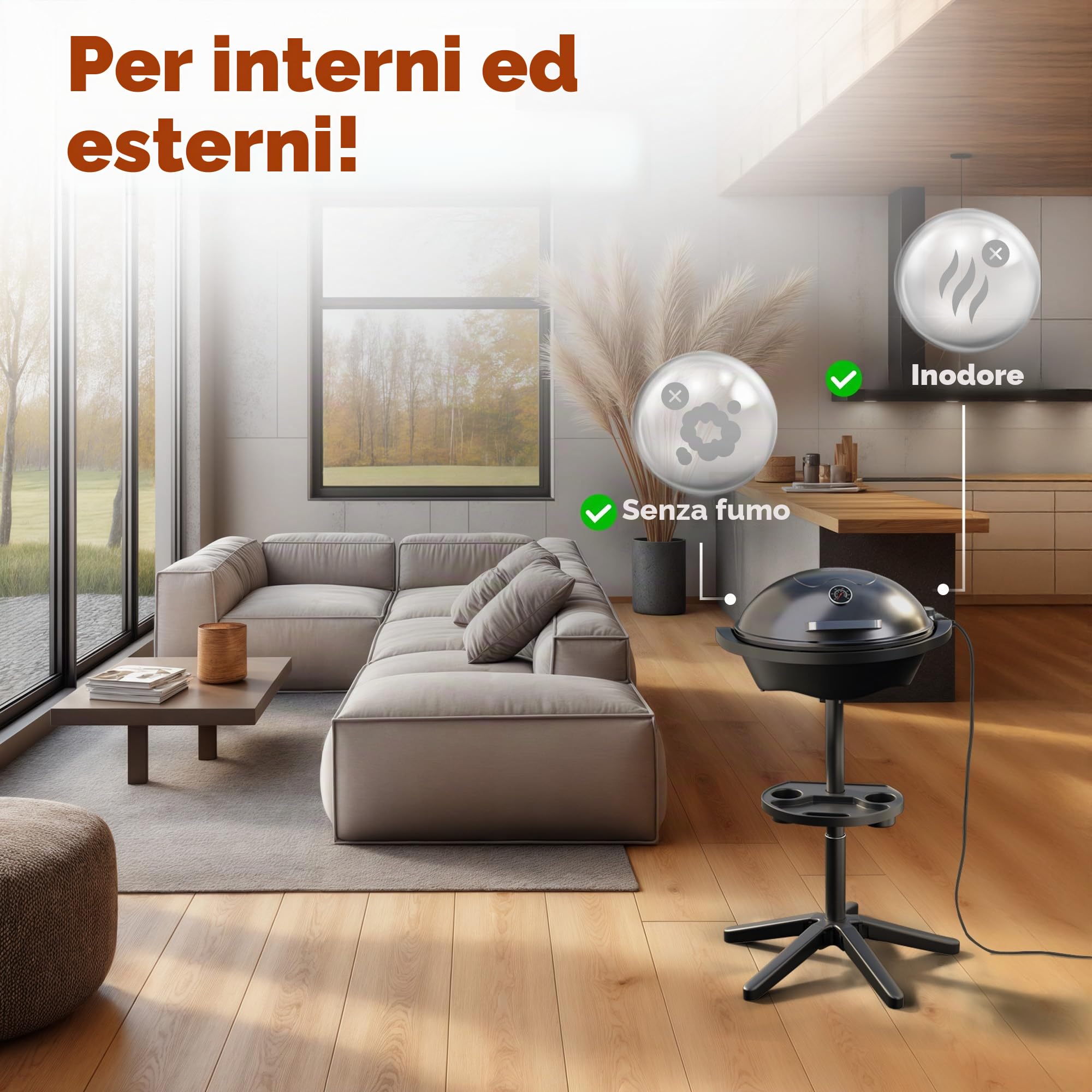 ProfiCook - Barbecue elettrico per interni ed esterni, non fumo, 2400 W, griglia elettrica per balcone, indicatore di temperatura, griglia da tavolo elettrica 2 in 1, PC BQS 1303