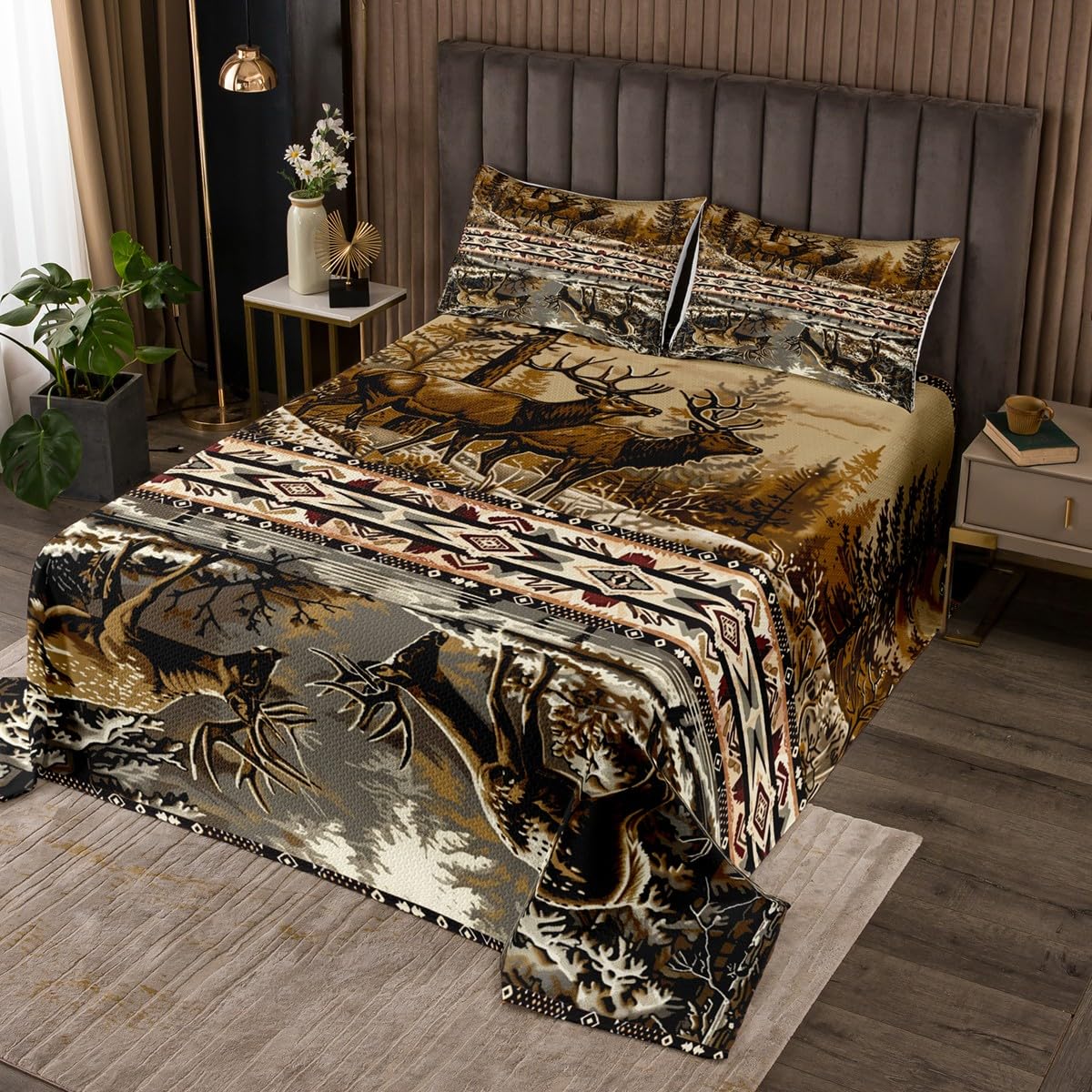 jejeloiu Deer Bedspread Queen Size Kids Boho Quilted Coverlet Wild Animal for Boys Girls Teens Rustic Cabin Coverlet Set Orange Brown