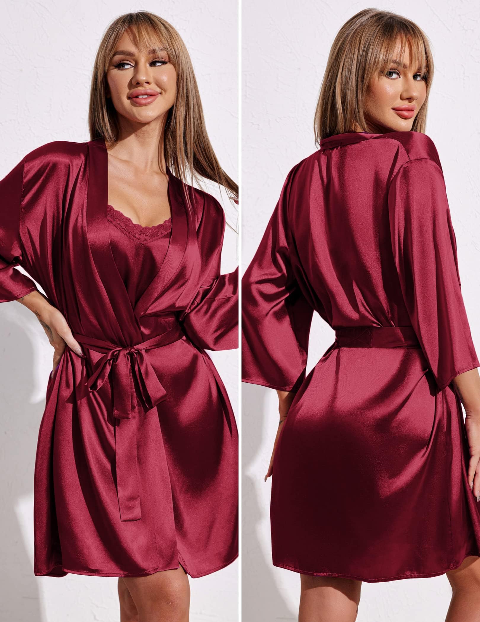 Ekouaer Damen Morgenmantel & Nachthemd Satin Zweiteiliger Nachtwäsche Set Seiden Bademantel Kurz Negligees 2er Pack