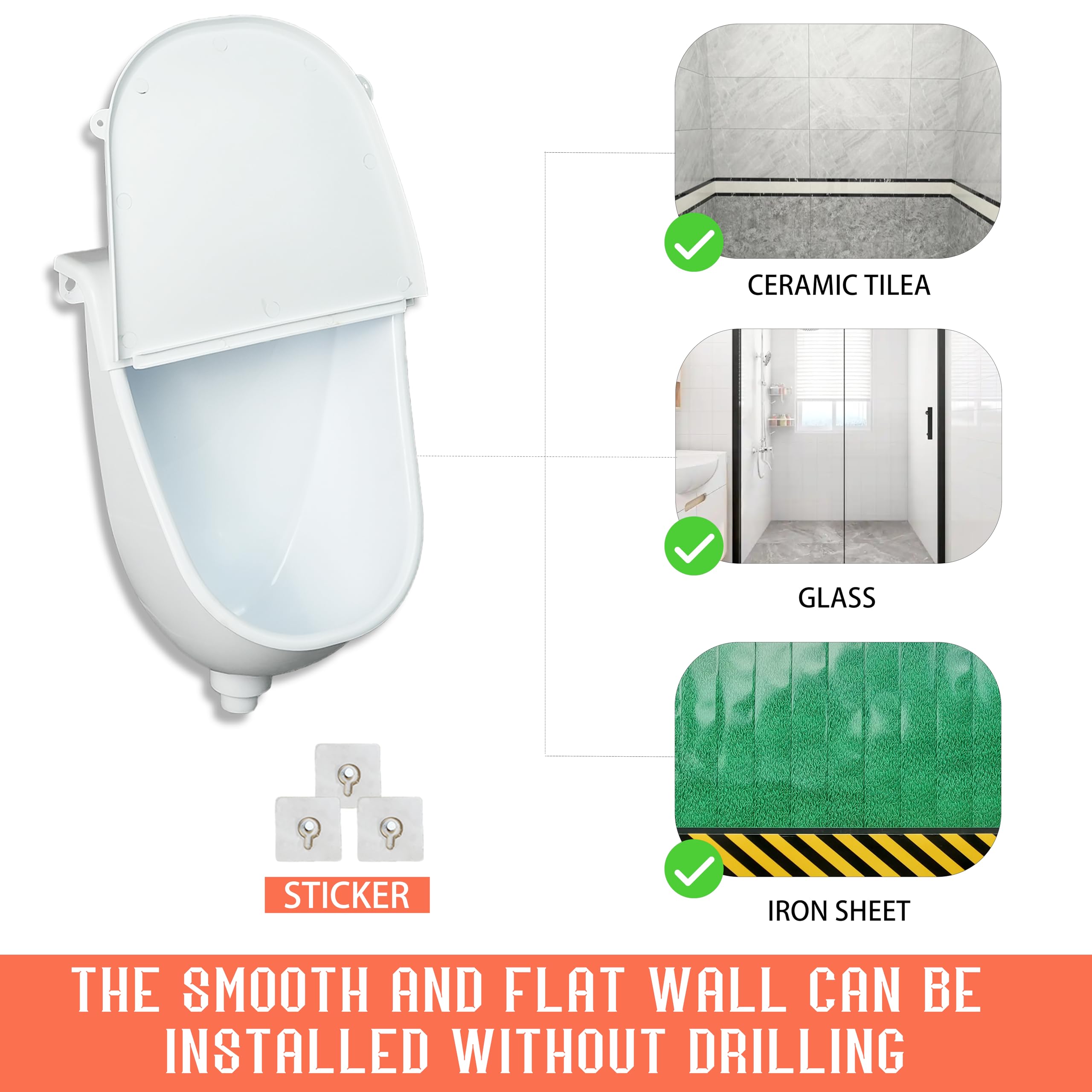 Orinal comercial montado en la pared con tapa con bisagras, urinario de baño para hombres, urinarios de plástico para hombres, urinario sin agua, urinario de garaje, desviador de orina al aire libre