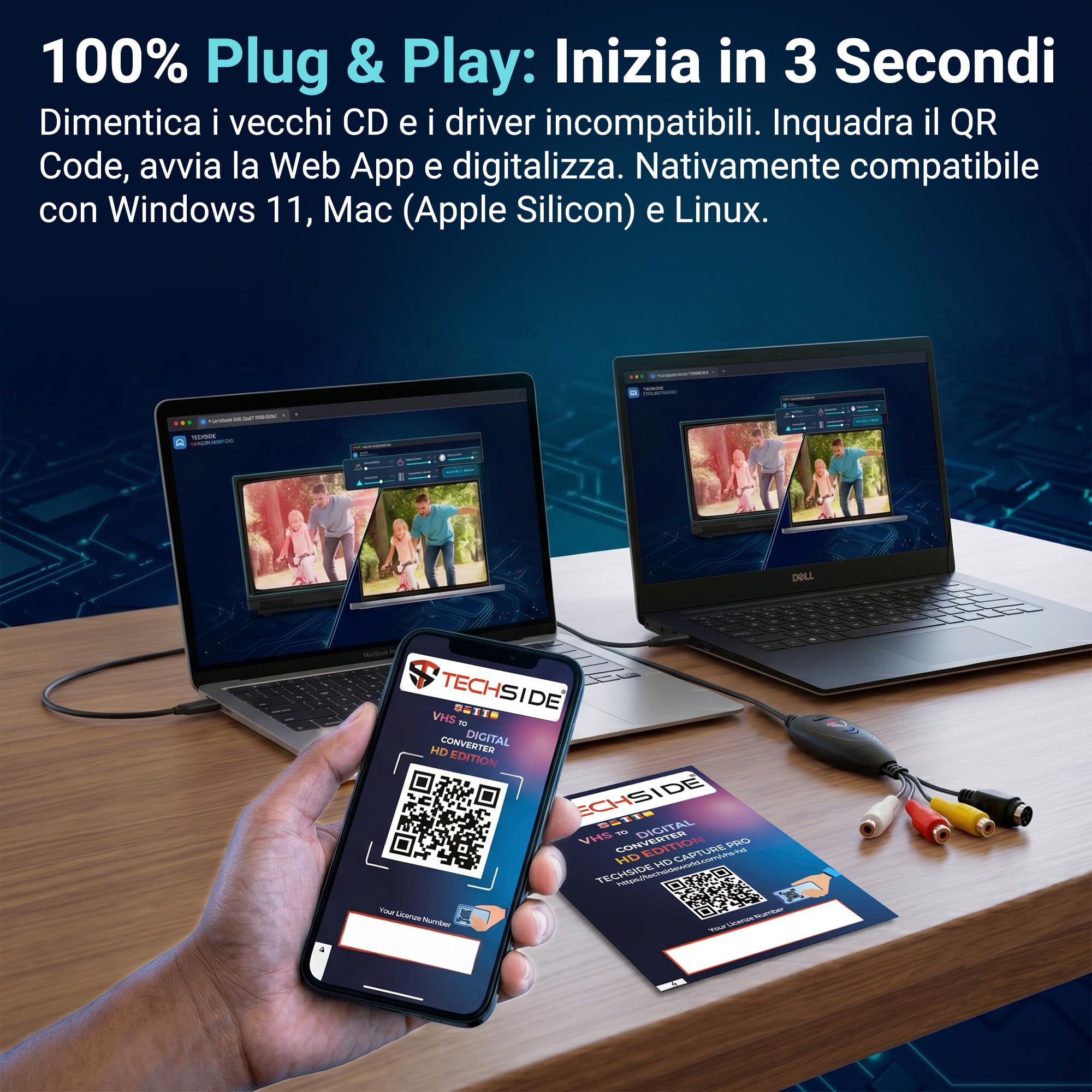 TechSide Video Grabber 2025 + Adattatore Scart | Compatibile con Windows 11 | Acquisisce da Analogico a Digitale Vecchie VHS