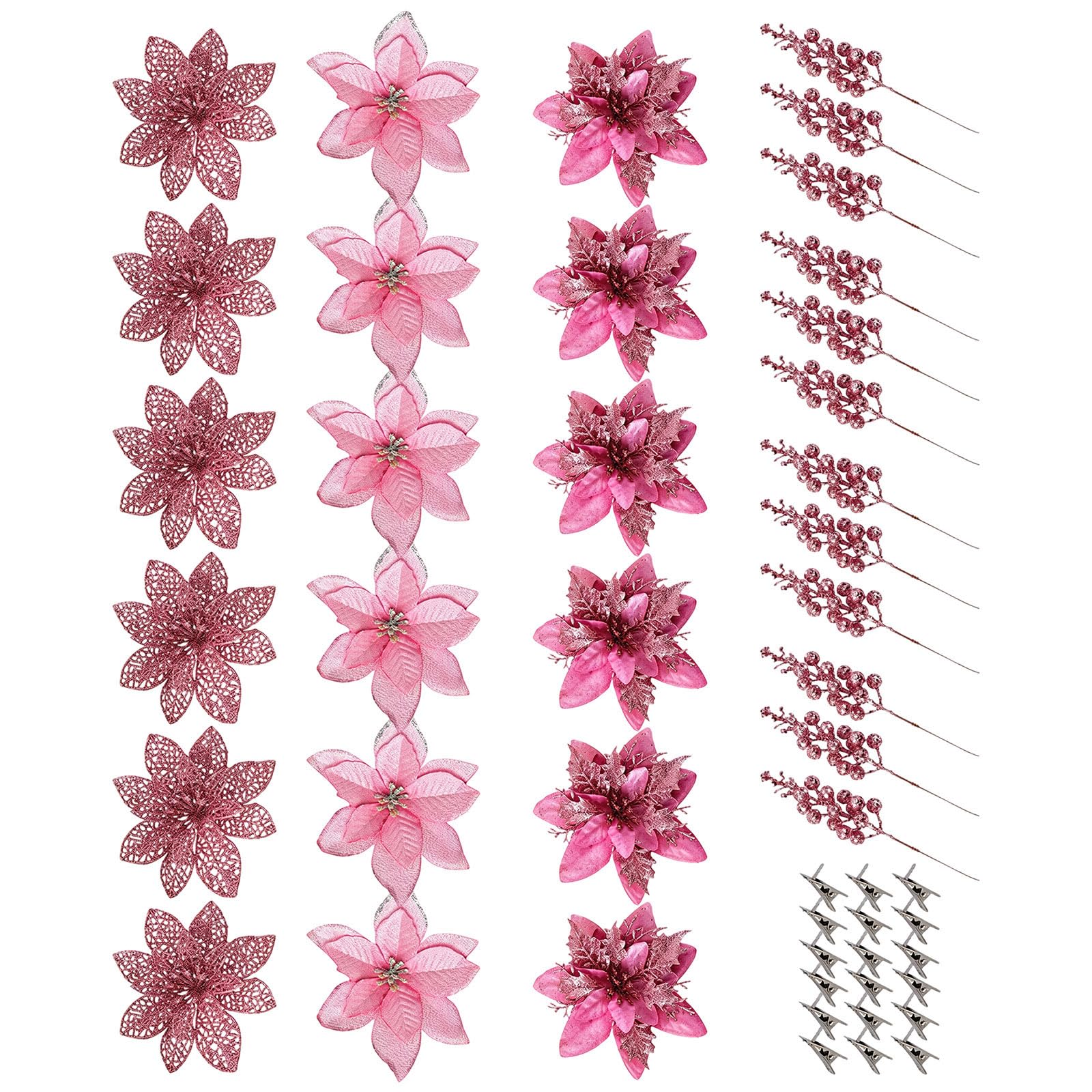 Artificial Poinsettia Christmas Decoration Set, Layered Glitter Fabric Flower Clips for Tree, Wreath, Mantel Styling Clip on Poinsettia Decorations Holiday Flower Clips Wreath Tree Mantel Doorway Wall