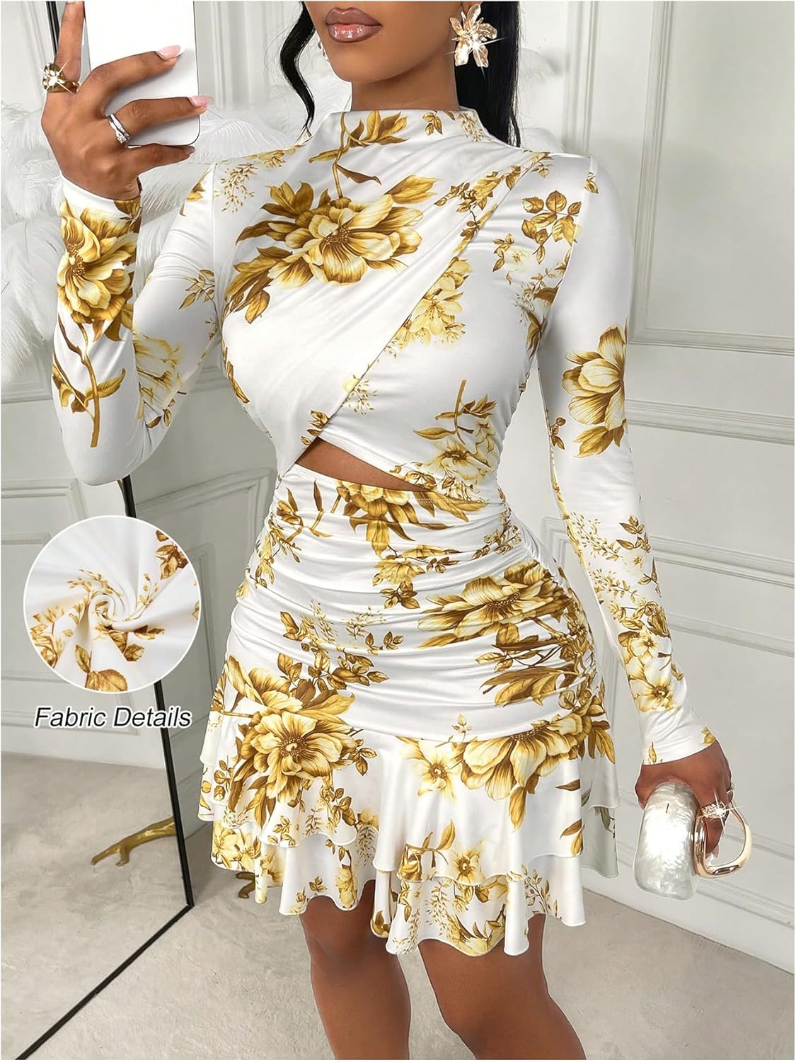 SHENHE Women's Floral Long Sleeve Ruched Bodycon Ruffle Mini Dress Mock Neck Cut Out Dress - Image 3
