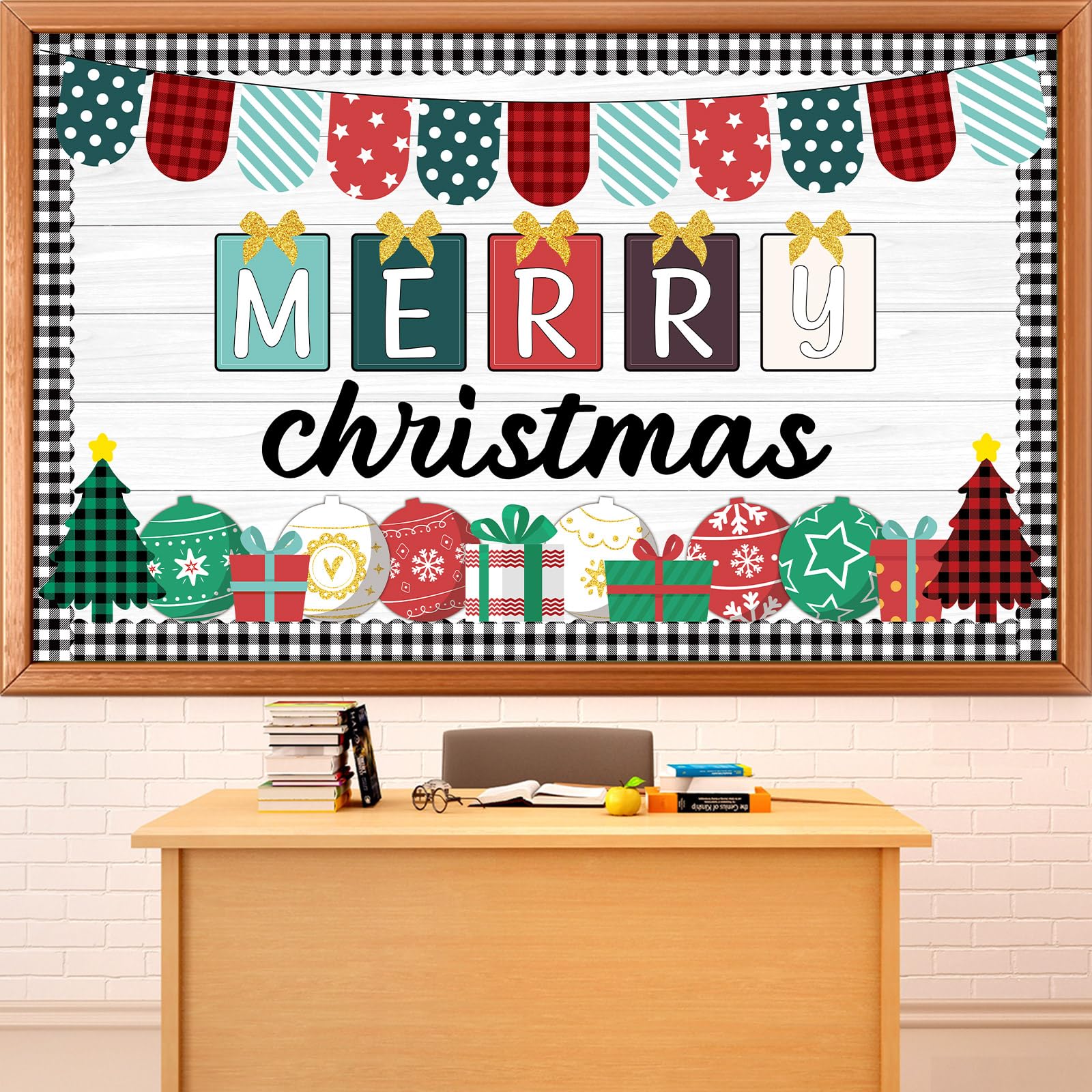 Christmas Bulletin Board Set Xmas Tree Gift Boxes Classroom Decorations December Merry Christmas Buffalo Plaid Paper Cutouts for School Home Holiday Chalkboard Wall Door Supplies