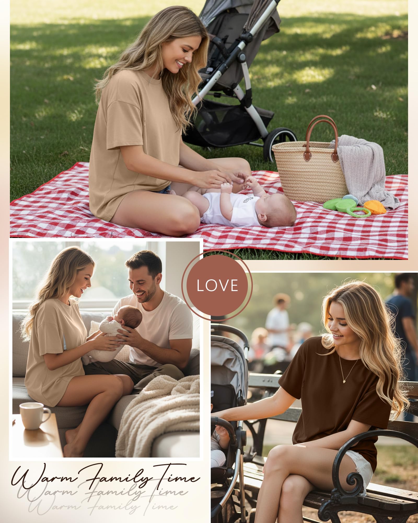Xuniea Pack de 3 Camisetas de Lactancia Maternidad para Mujer Oversize Manga Corta Cremallera Oculta Corte Holgado