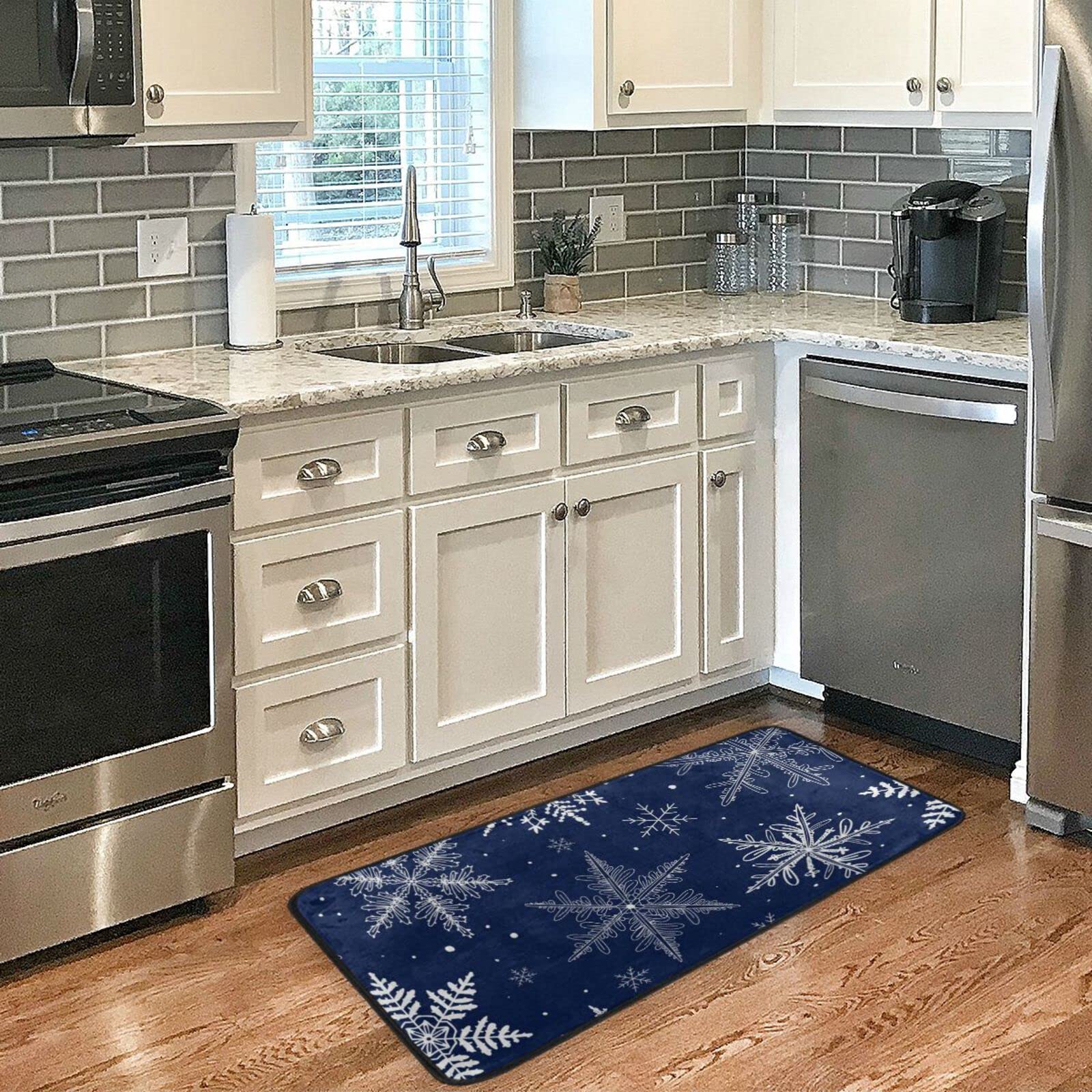 Christmas Kitchen Rugs Christmas Snowflake Blue Non Slip Soft Kitchen Mats Floor Anti Fatigue Bath Rug Runner Doormats Carpet for Xmas Home Decor 39"