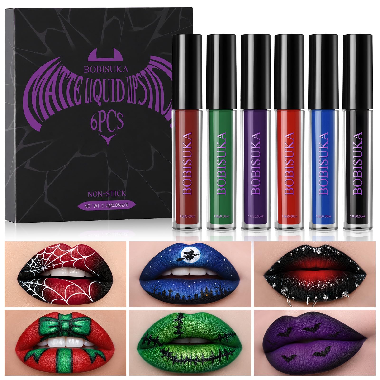 BOBISUKA 6pcs Halloween Liquid Lipstick Set, High Pigmented Bold Matte Black Blue Green Purple Red Lip Gloss Set, Waterproof Smudge-proof Lip Stain Kit for Cosplay Goth Costume Makeup