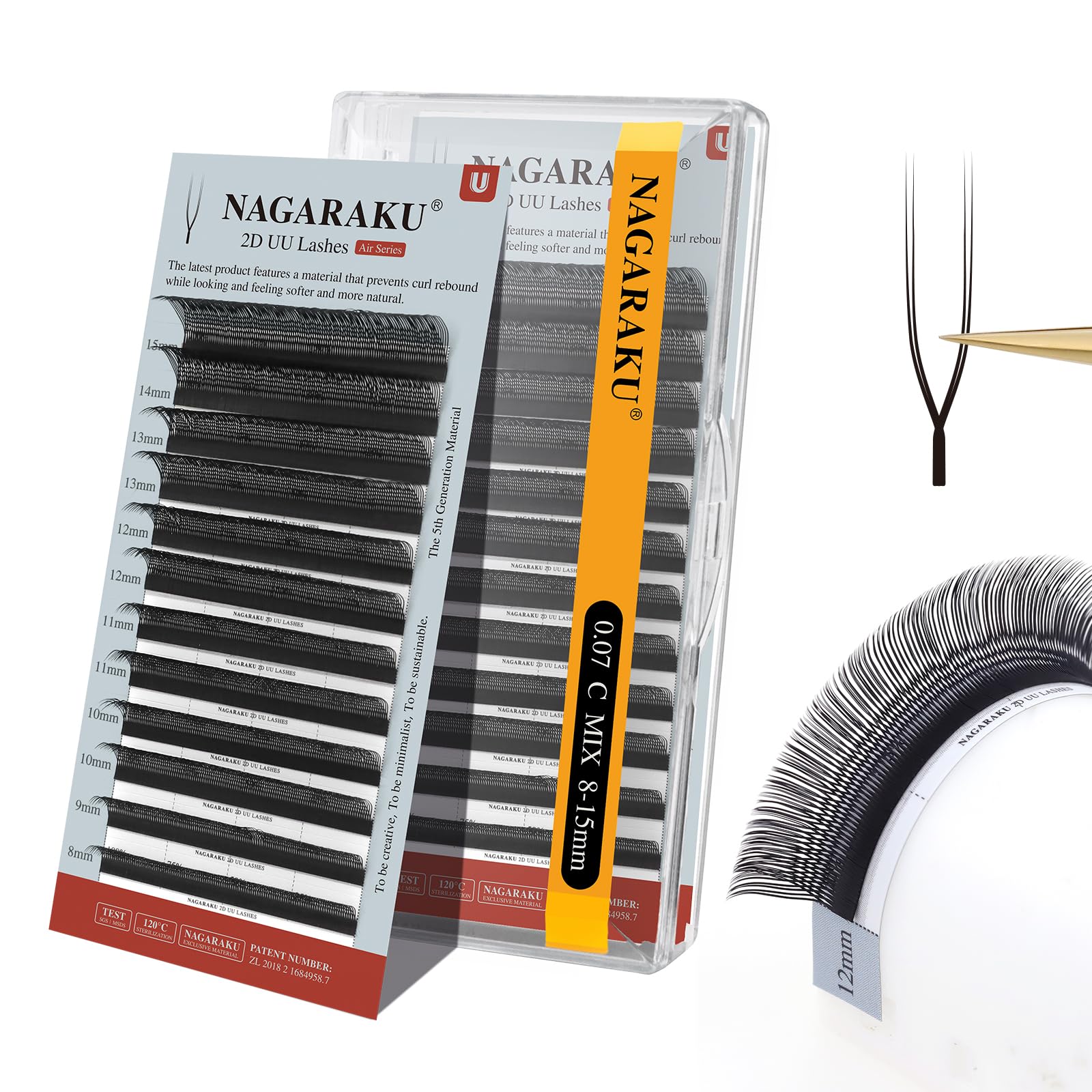 NAGARAKU 2D UU Eyelash Extensions 0.07mm C Curl 8-15mm Mix Tray Premade U Shaped Natural Volume Cluster Wispies Crisscross Lashes 12-rows Matte Black