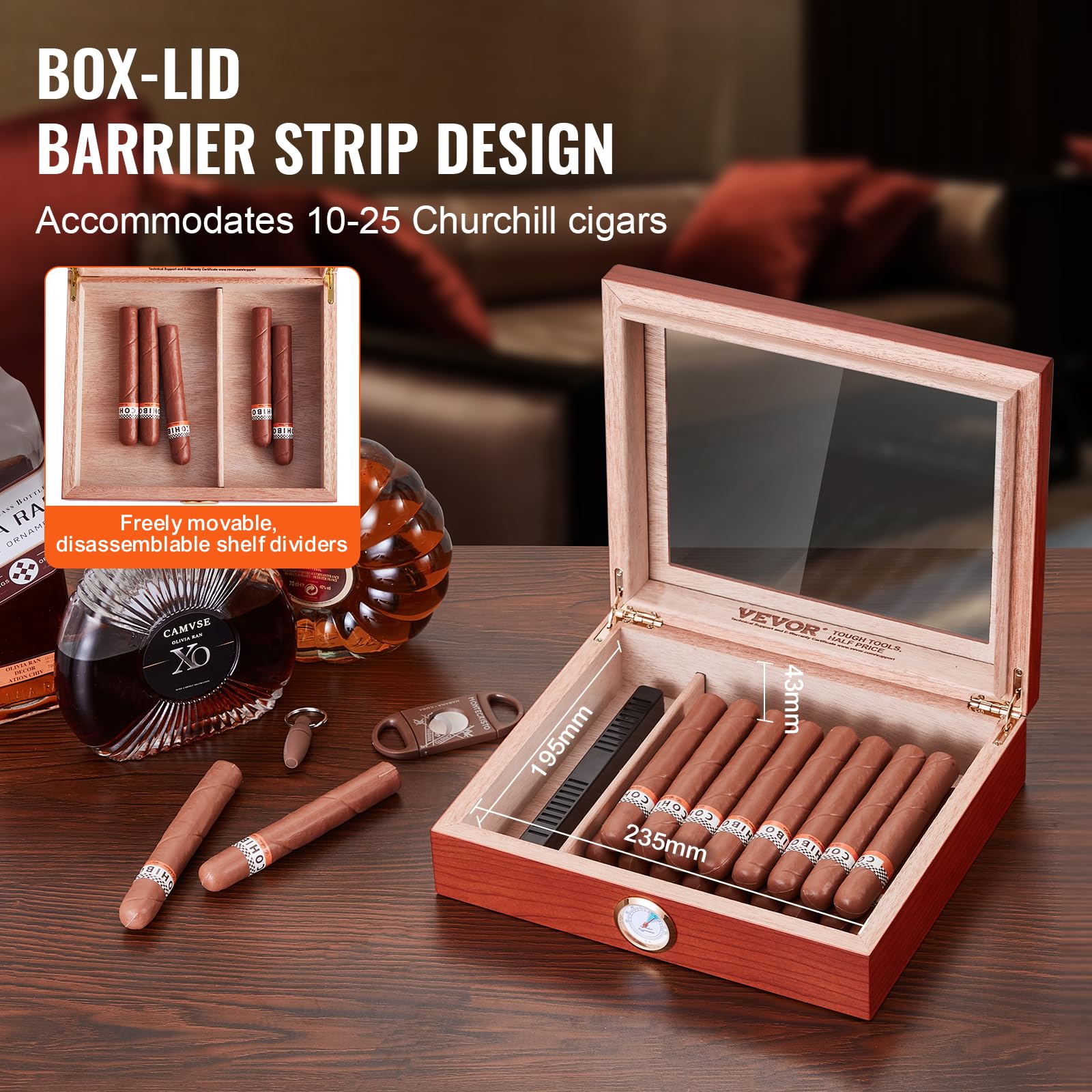VEVOR Humidor na cygara, pudełko humidor ze szklaną pokrywką, ręcznie wykonane pudełko na cygara z hiszpańskiego drewna cedrowego, pudełko do przechowywania cygar z nawilżaczem i ścianką działową,