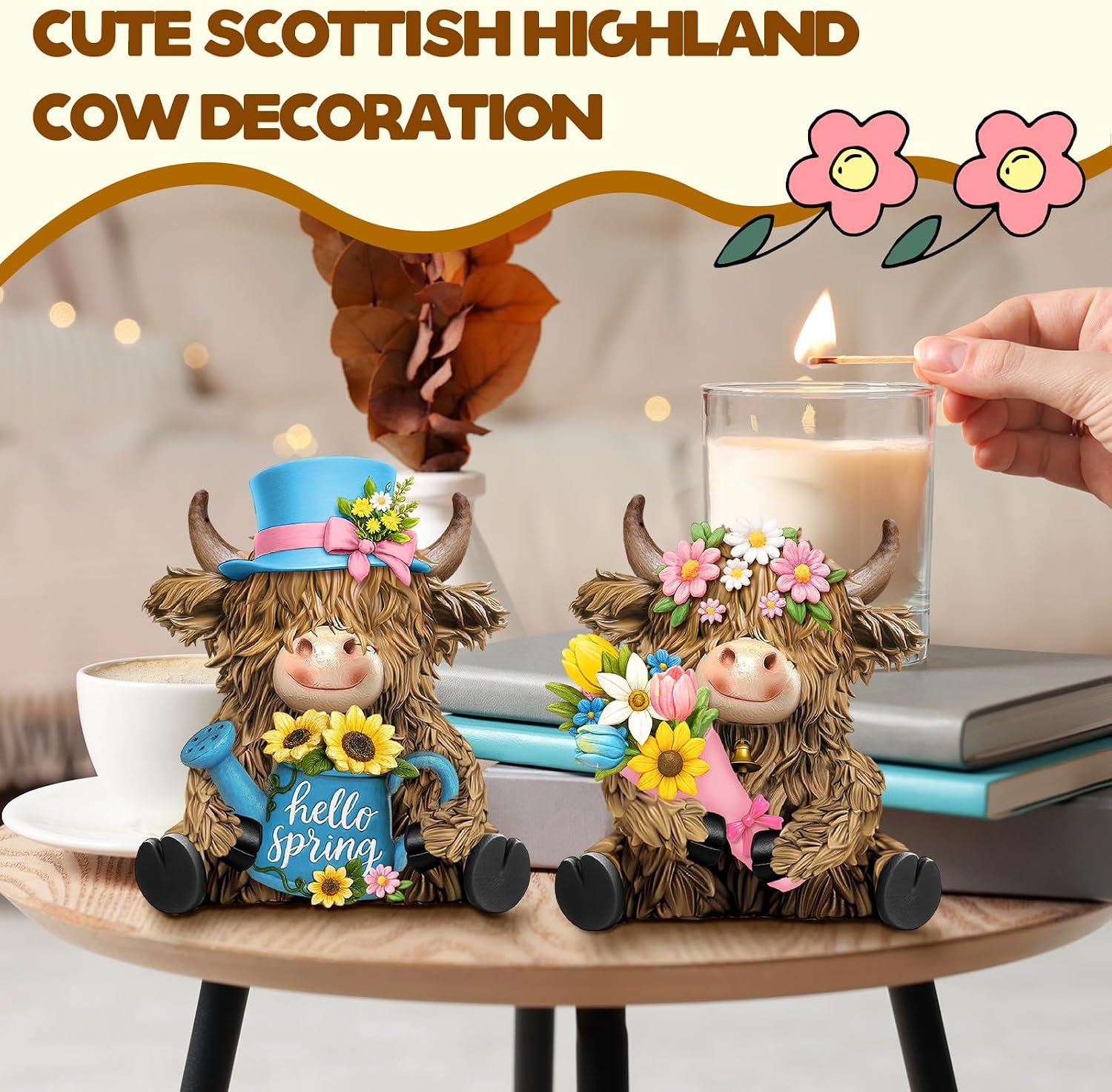 2 Pack Spring Highland Cow Figurine Decor, Spring Table Decor image 2