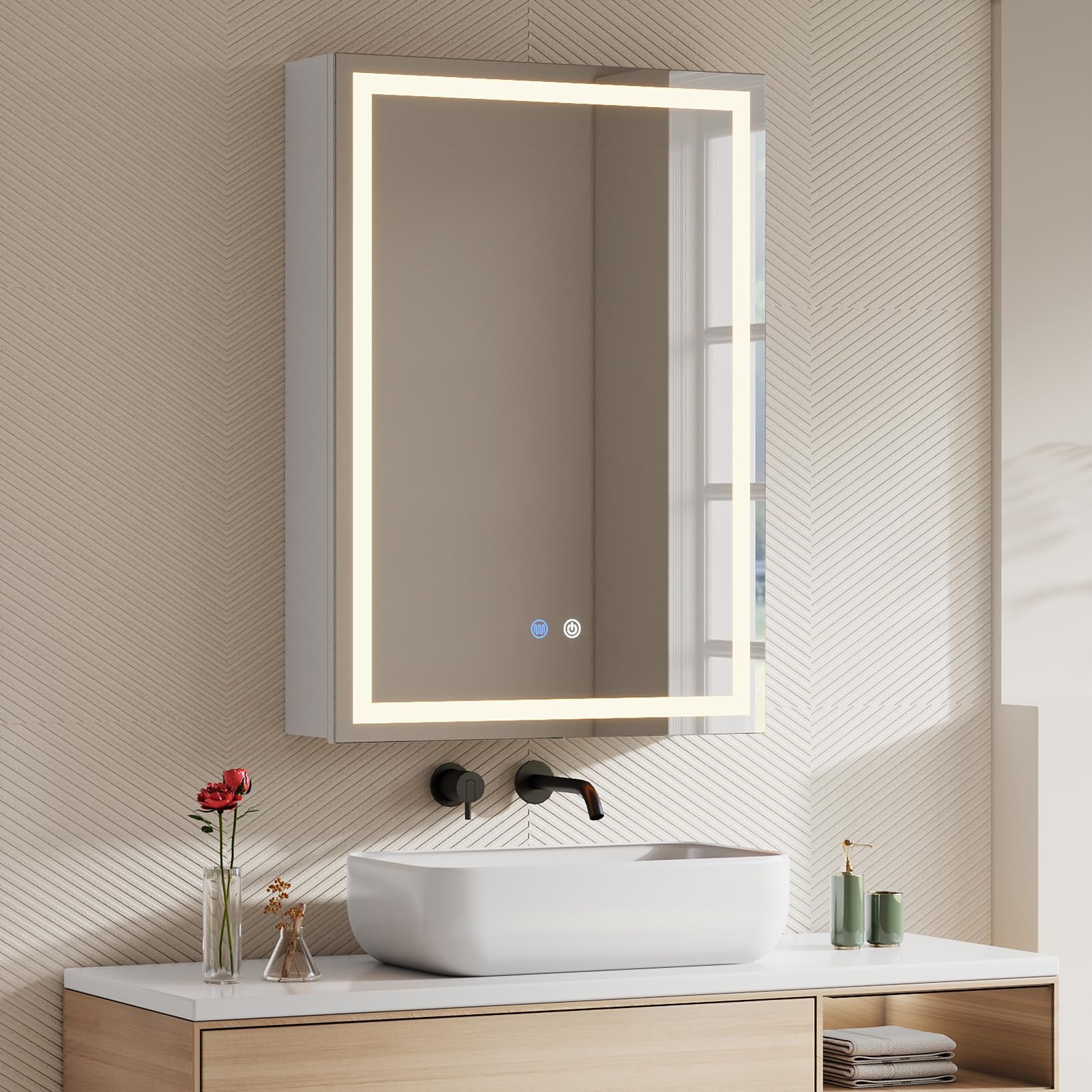 Warmiehomy Bathroom Mirror Cabinet with LED Lights,50x70cm 3-color Dimmable Illuminated Bathroom Mirror Cabinets with Shaver Socker Defogger Touch Switch One Door,White Frame