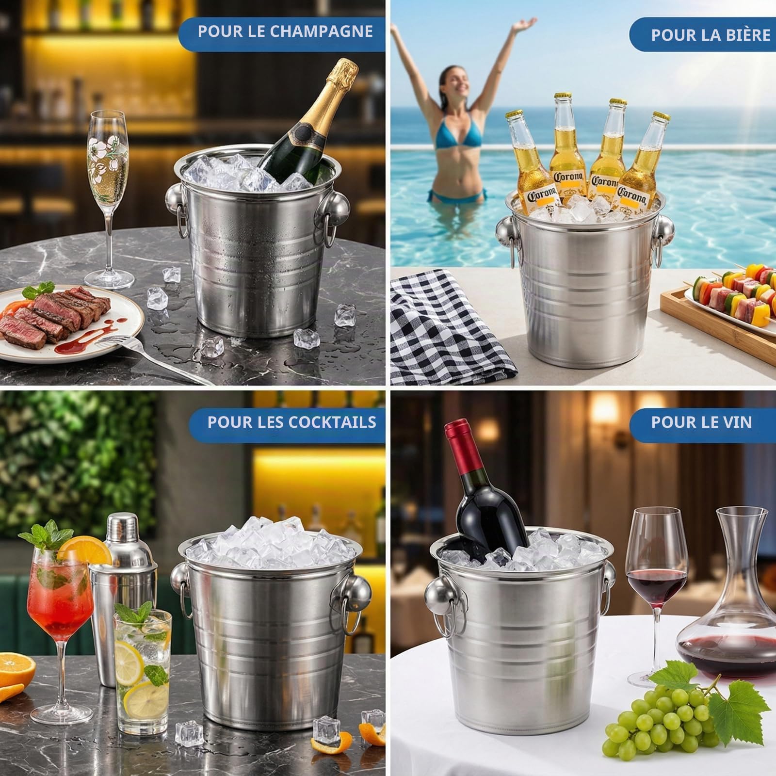 ZENFUN Lot de 2 seaux à Glace de 3 l avec poignées, Seau à Glace avec Couvercle, Seau à Boisson en métal galvanisé avec poignées, Refroidisseur de Boissons et de vin pour Bar, fête, Barbecue, idéal